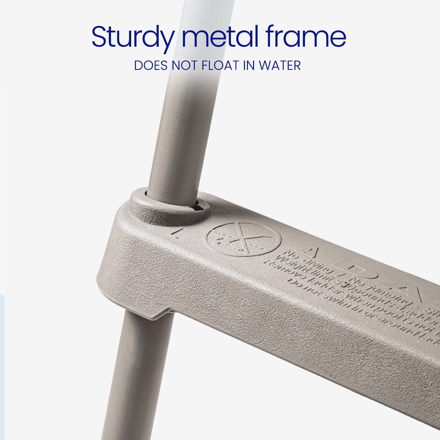 Sturdy metal frame with text indicating it does not float in water on a white background