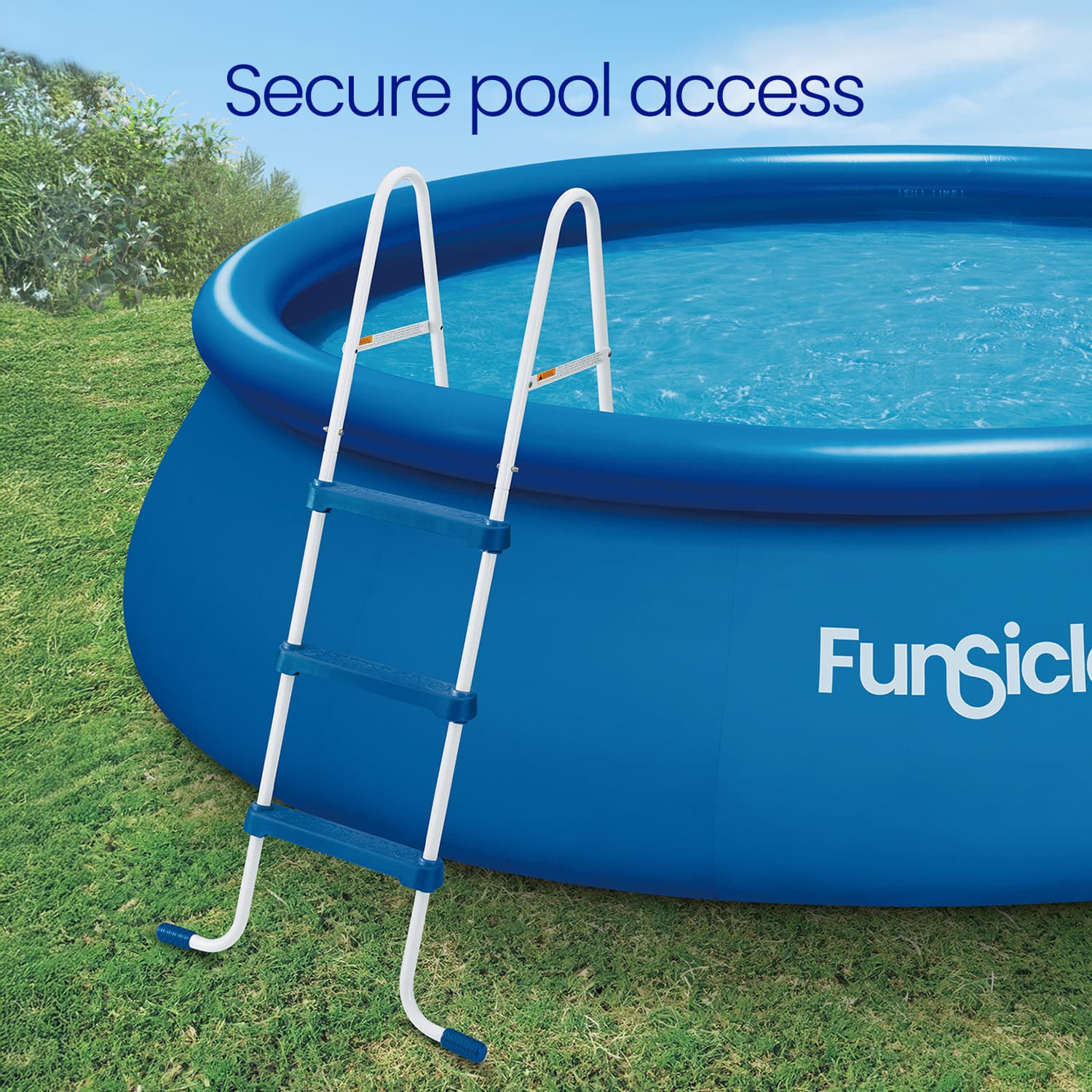 Blue above-ground pool with a ladder on grass, featuring the Funsicle brand.