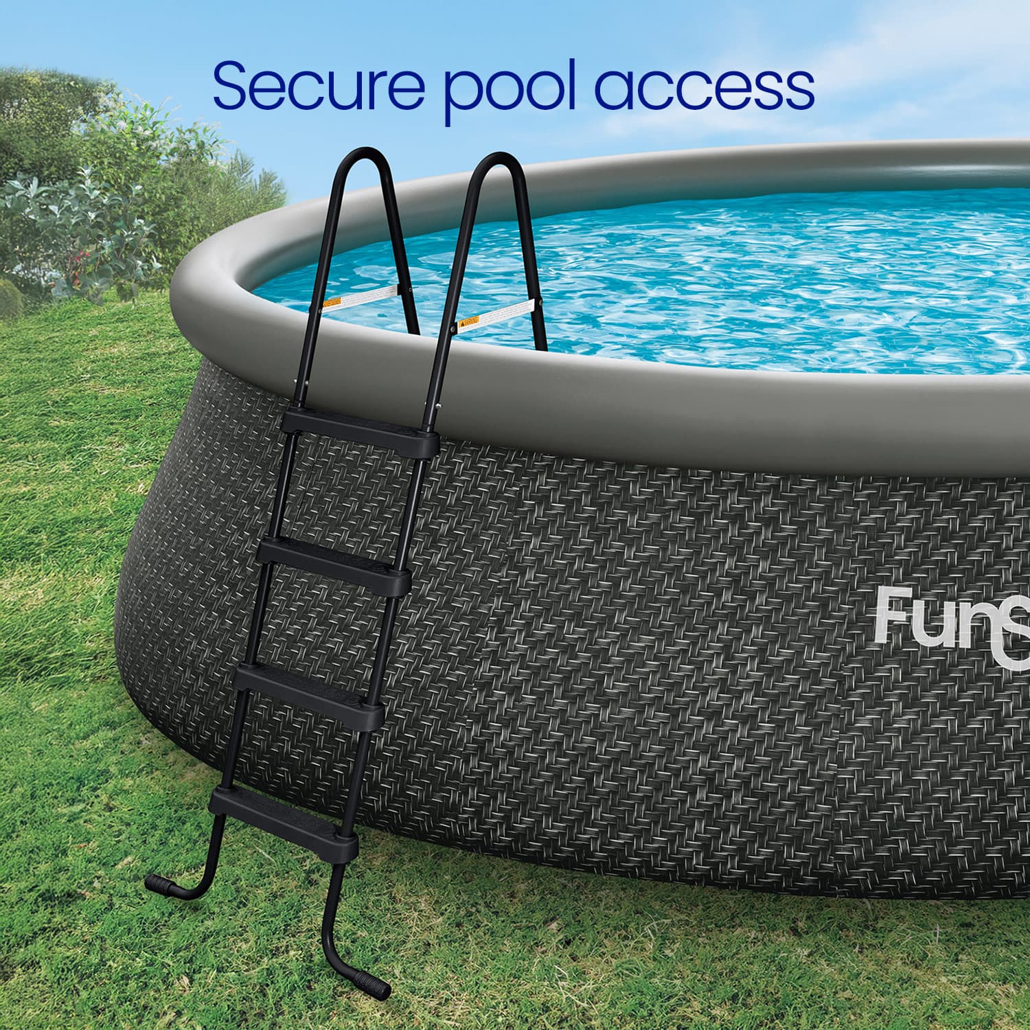 Inflatable  pool with ladder on grass, labeled 'Funsicle'