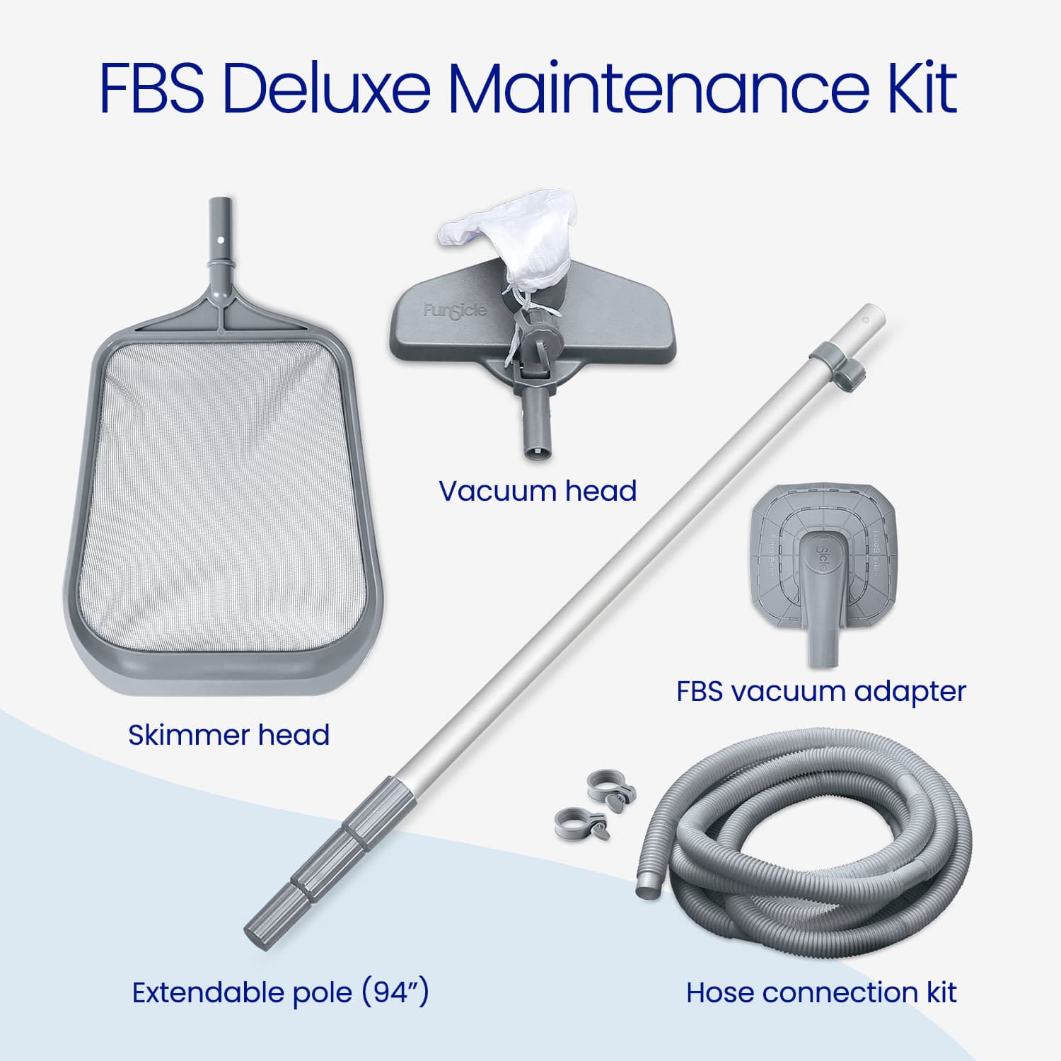 FBS Deluxe Maintenance Kit with skimmer head, vacuum head, extendable pole, hose connection kit on a white background