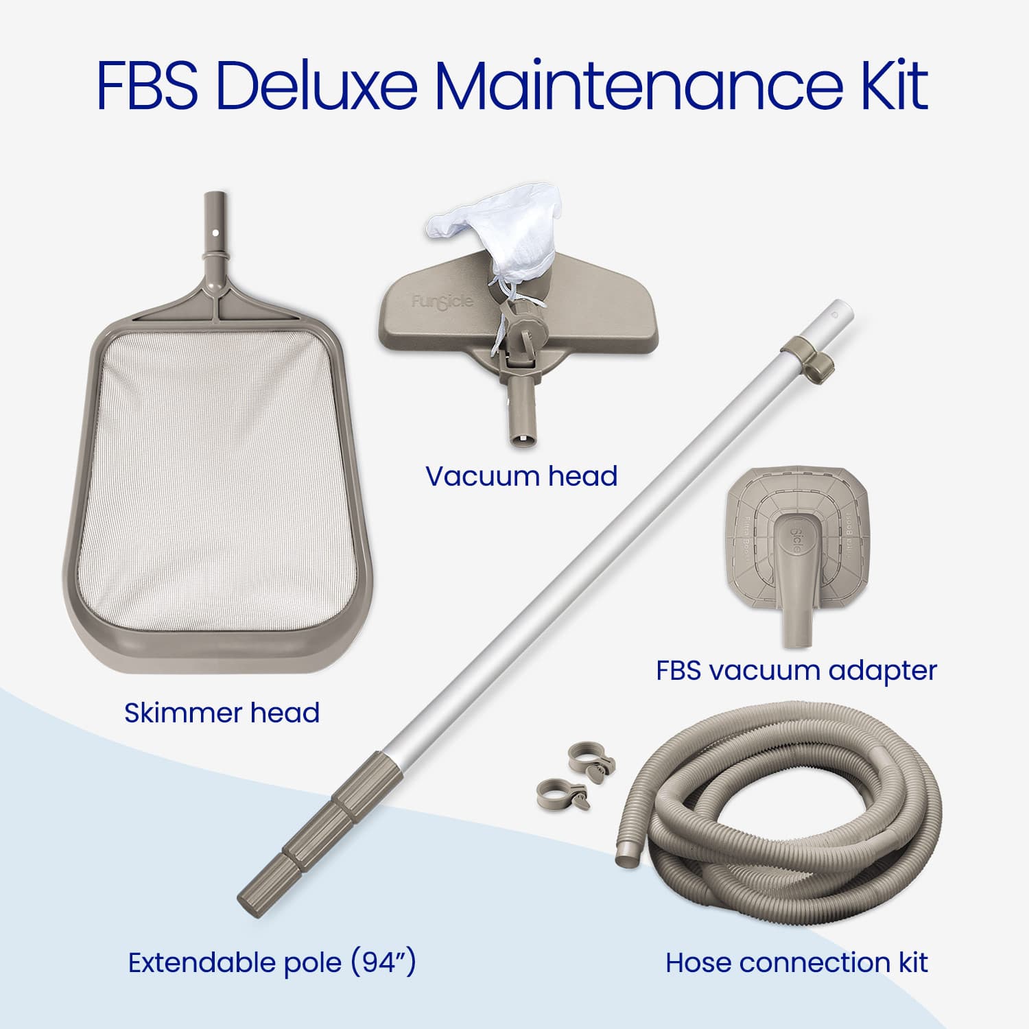 FBS Deluxe Maintenance Kit with skimmer head, vacuum head, extendable pole, hose connection kit on a white background