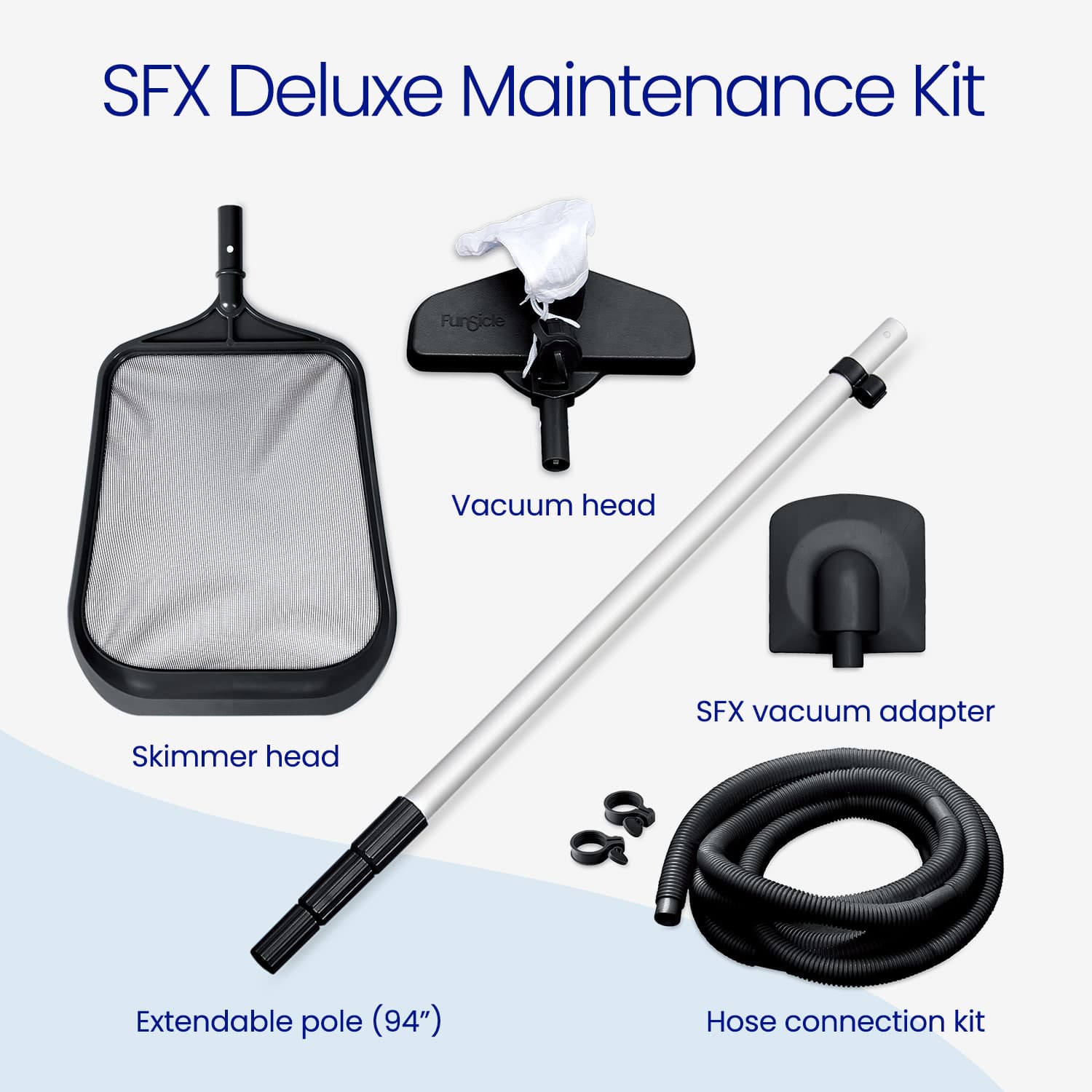 SFX Deluxe Maintenance Kit with skimmer head, vacuum head, extendable pole, and hose connection kit on a white background.