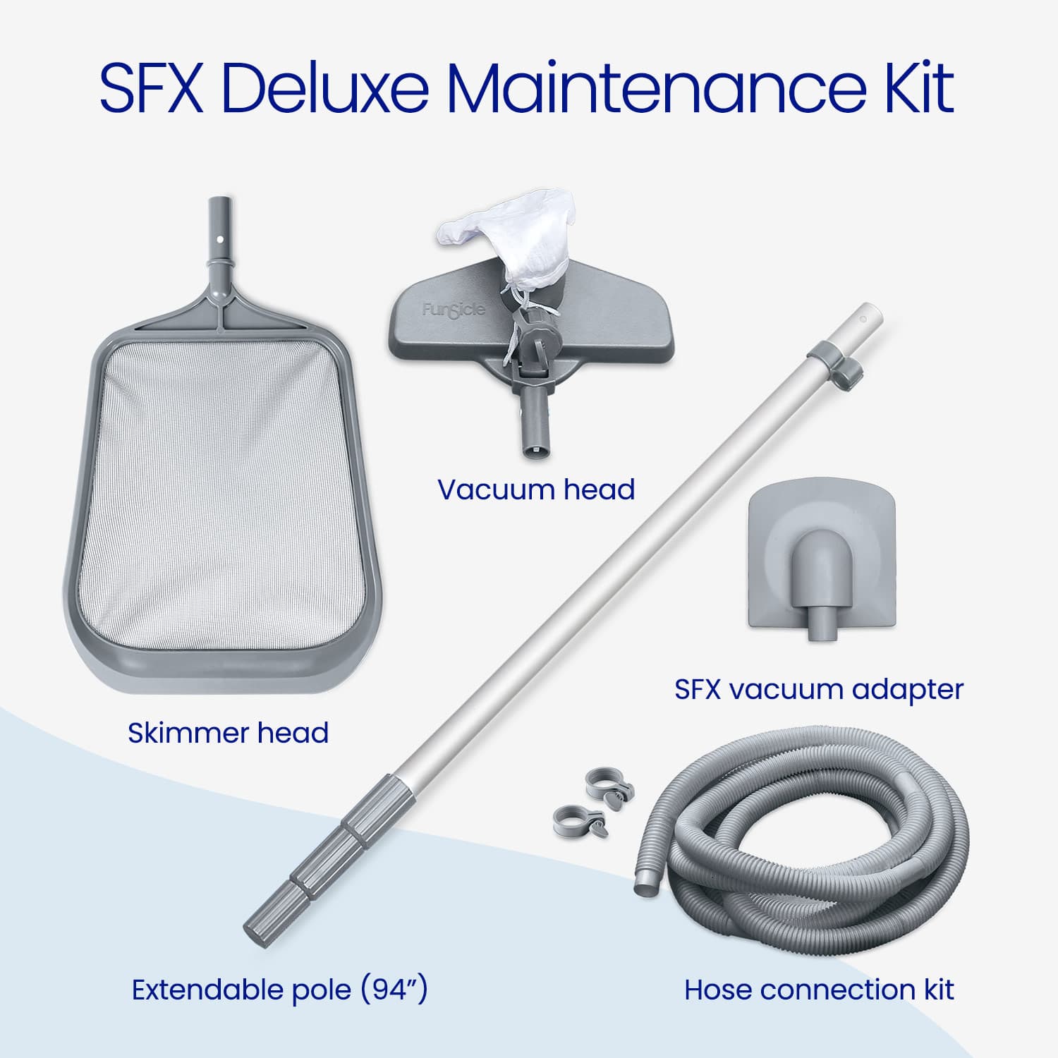 SFX Deluxe Maintenance Kit with skimmer head, vacuum head, extendable pole, hose connection kit on a white background