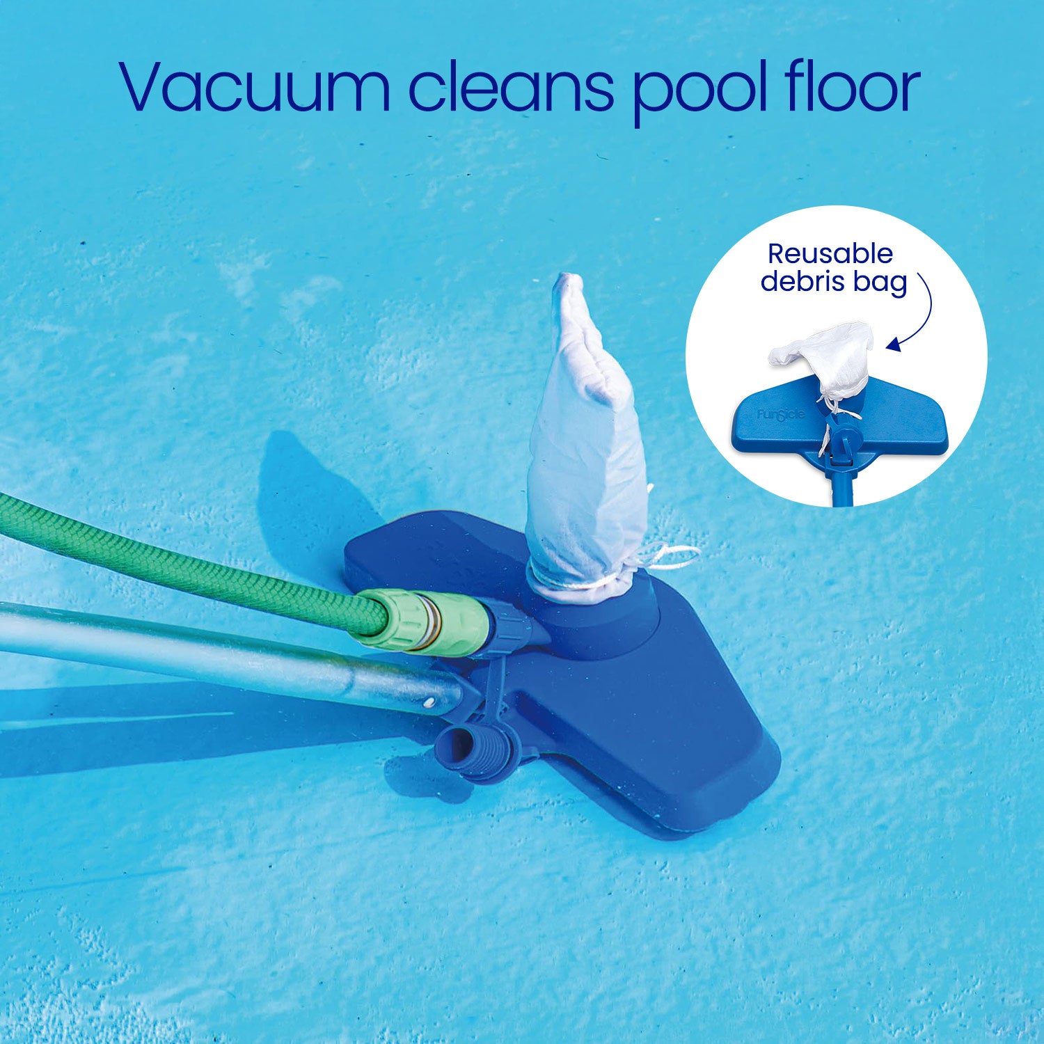 Pool vacuum cleaner with reusable debris bag on a pool floor, text indicating it cleans the pool floor.