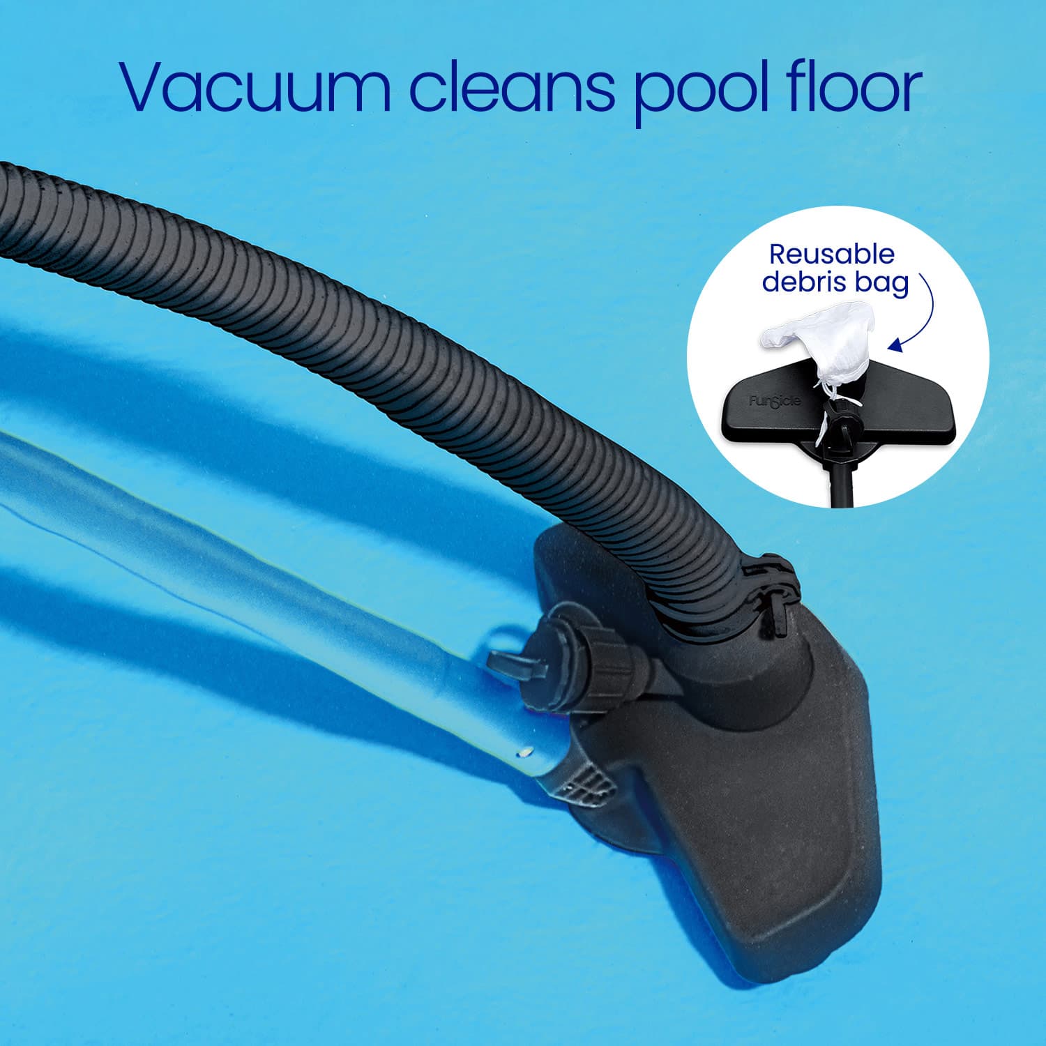 Pool vacuum cleaner with hose and debris bag on a blue background