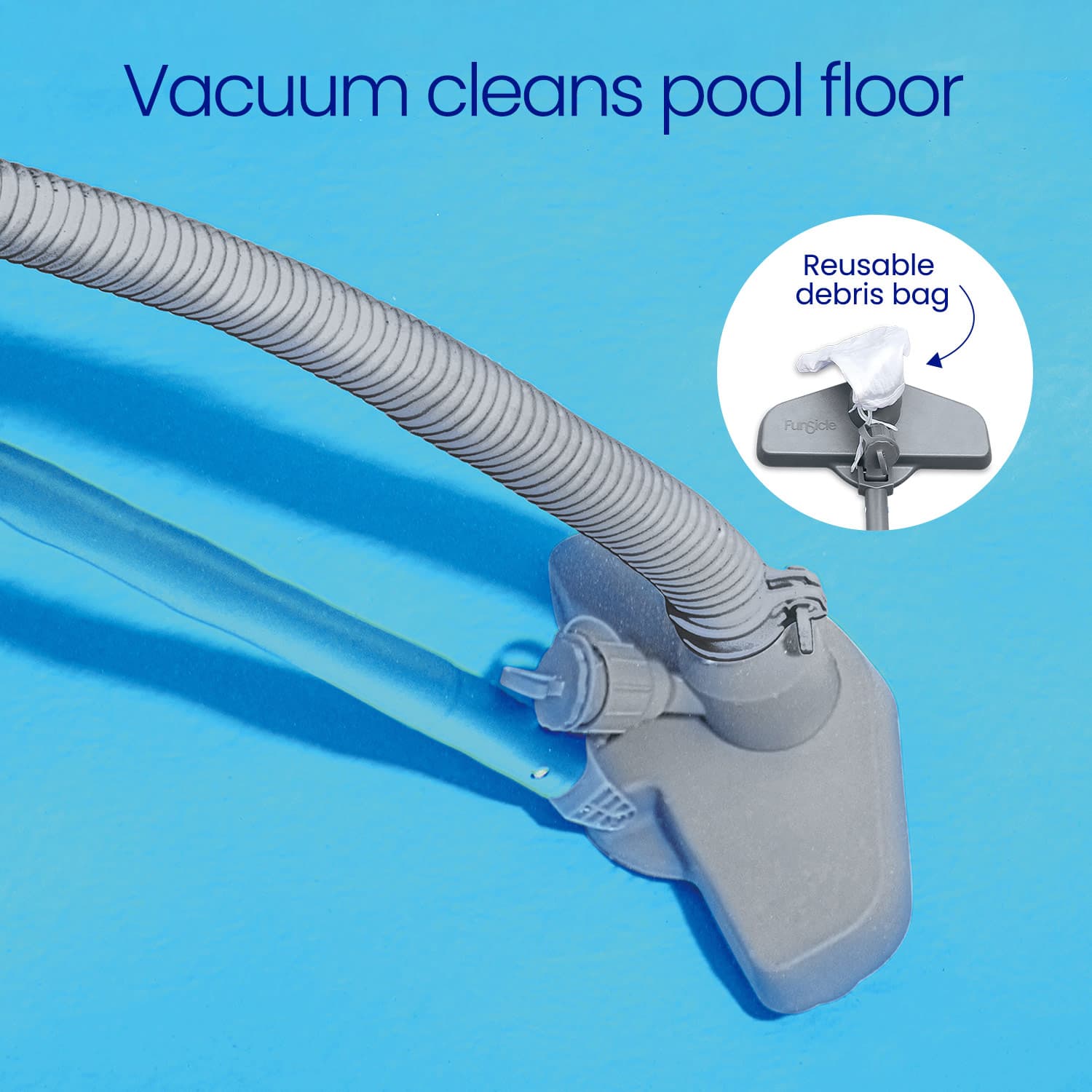Pool vacuum cleaner with hose and debris bag on a blue background