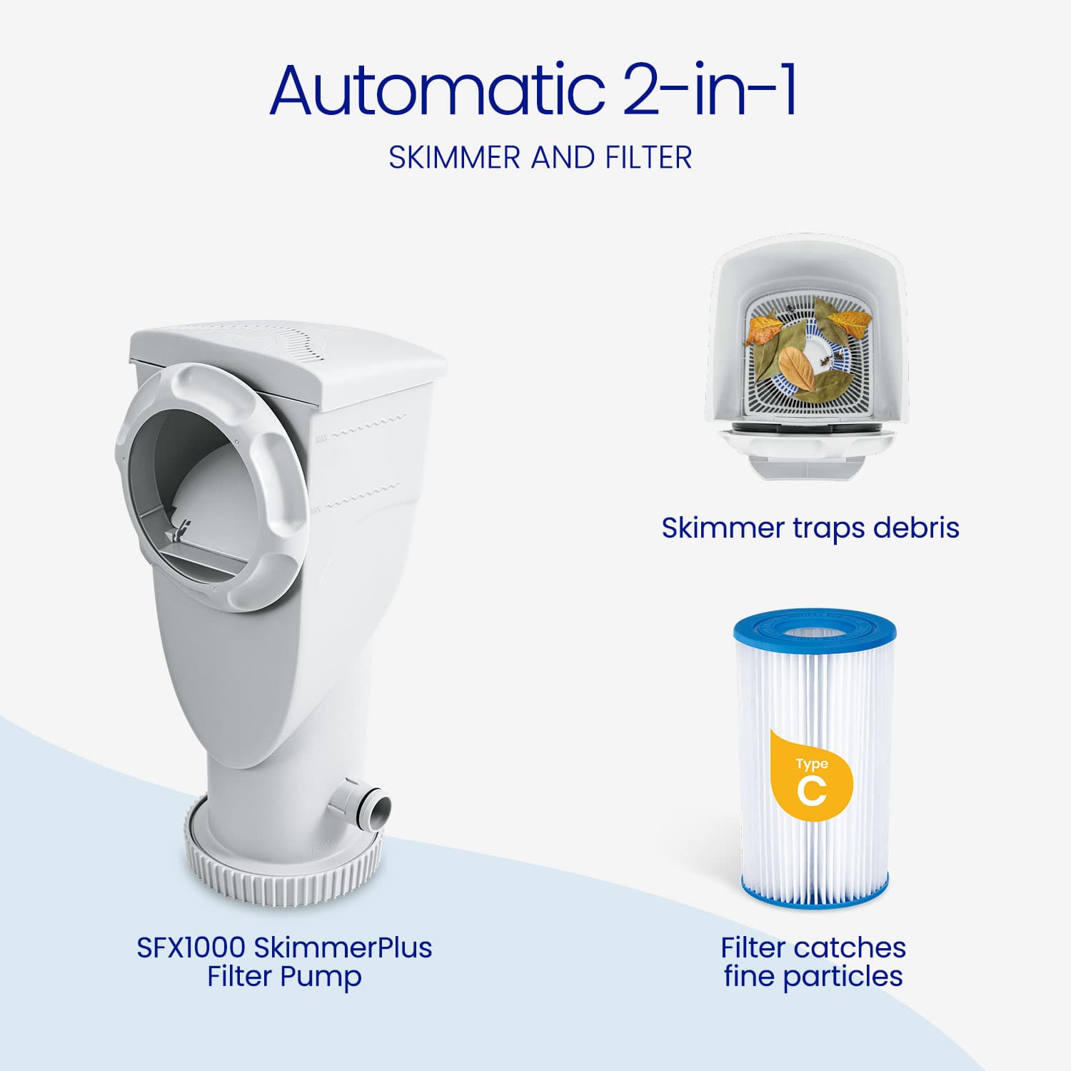 Automatic 2-in-1 skimmer and filter system with pump and filter cartridge on a white background.