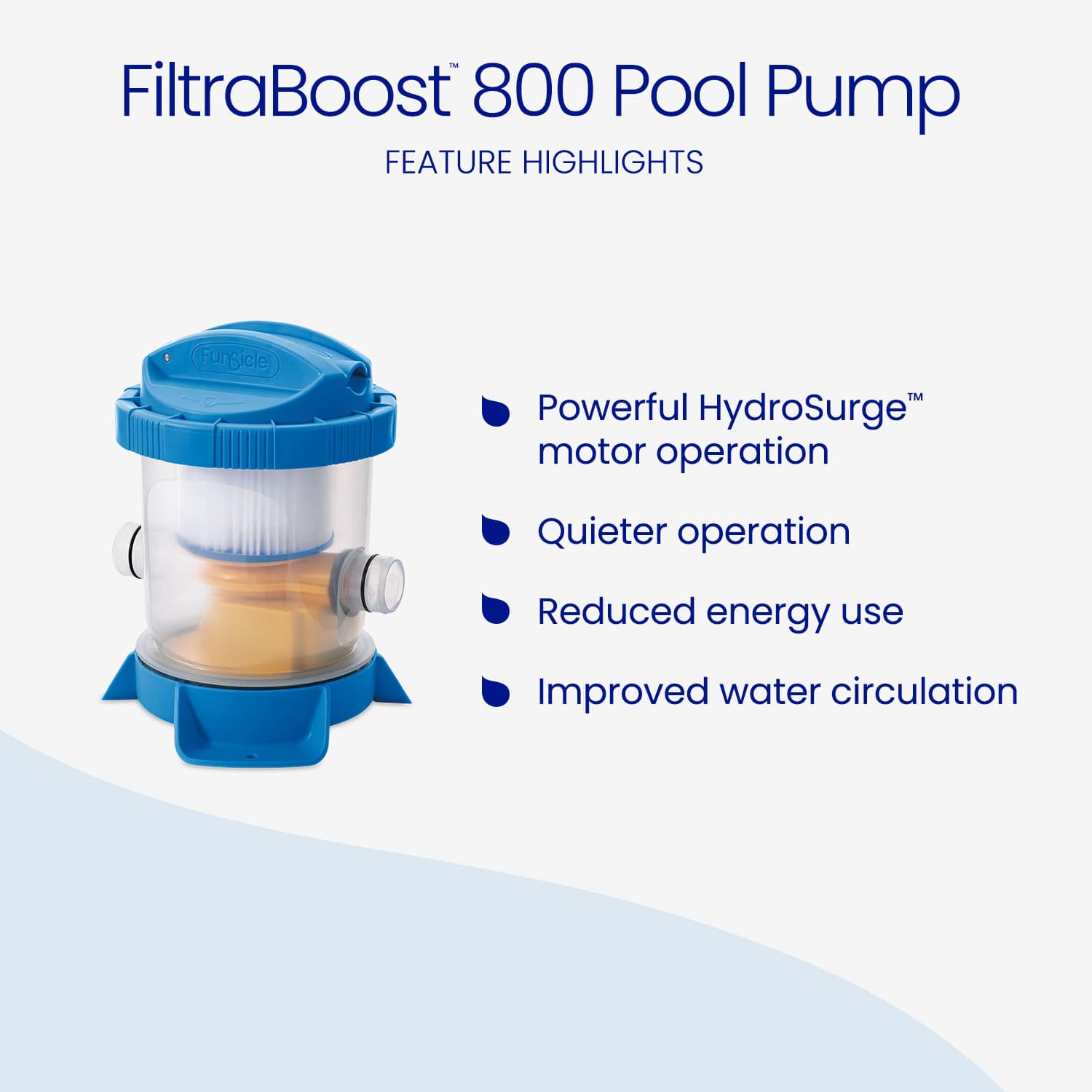 FiltraBoost 800 Pool Pump with feature highlights on a white background