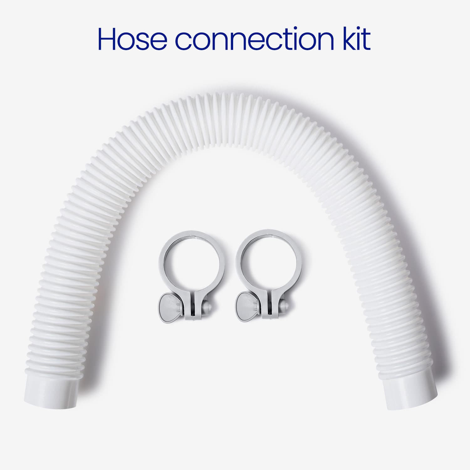 Hose connection kit with white hose and metal connectors on a light gray background