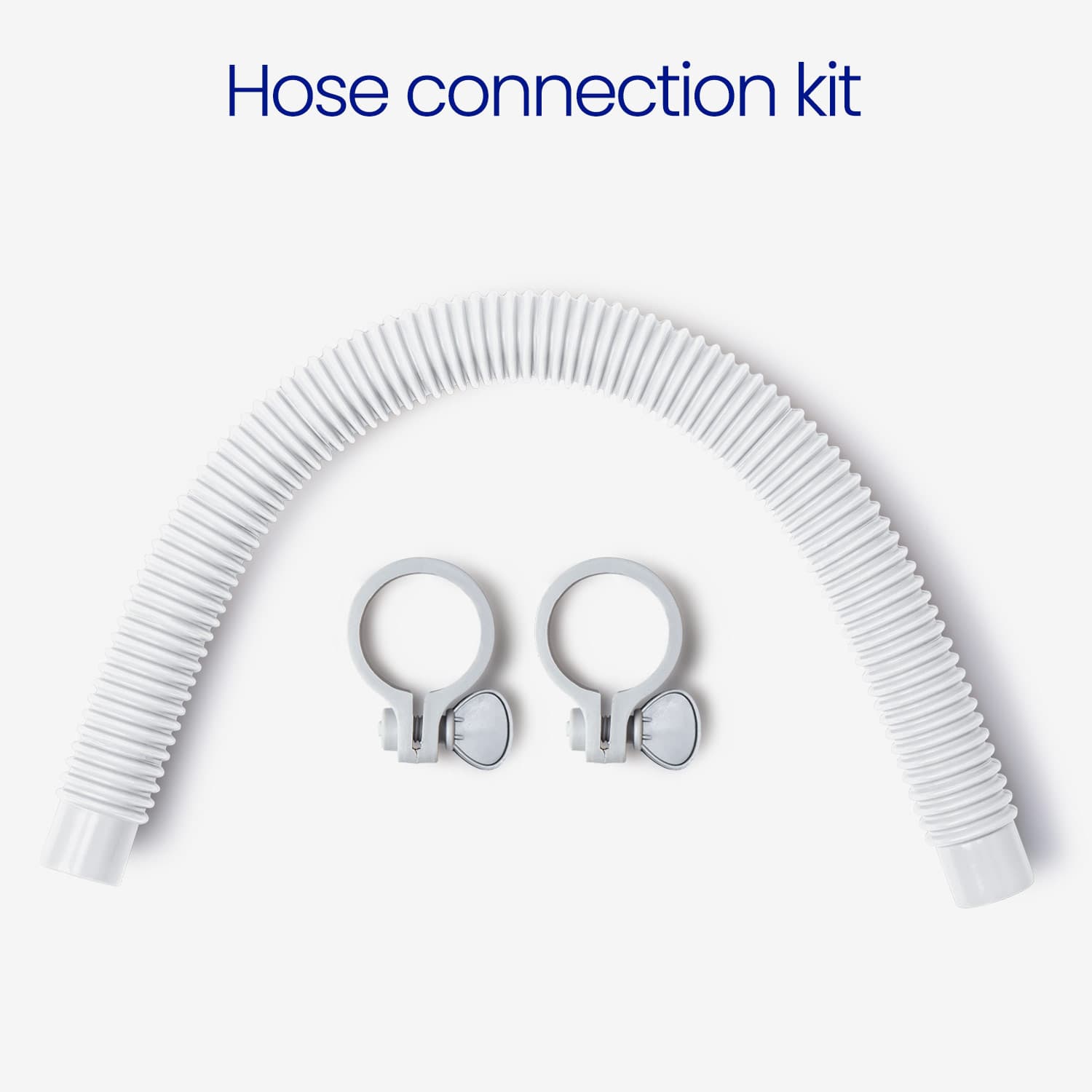 Hose connection kit with coiled white hose and metal clamps on a light gray background.