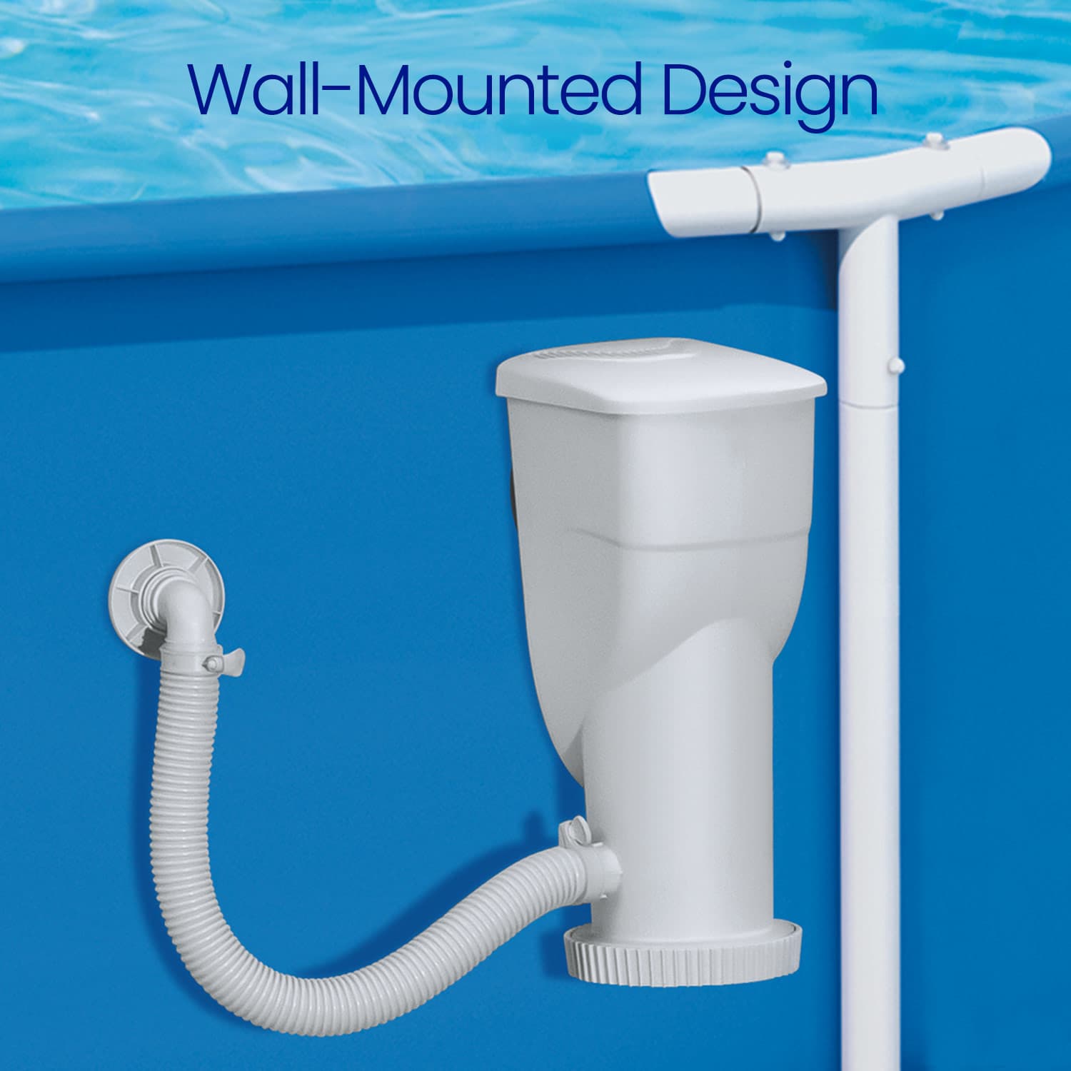 Wall-mounted pool filter pump against a blue pool background with text 'Wall-Mounted Design'.
