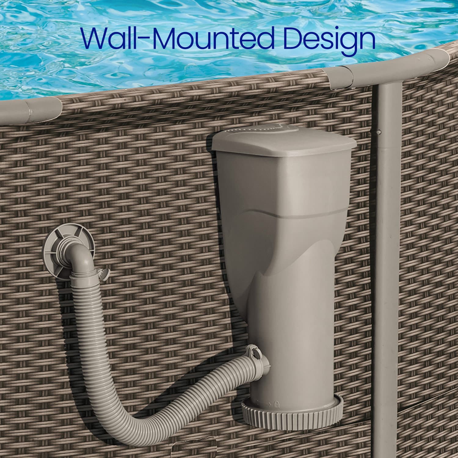 Wall-mounted pool vacuum system with hose against a woven pool deck background.