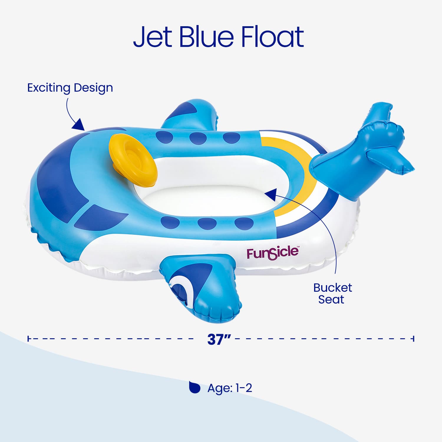 Inflatable pool float shaped like a jet plane with features labeled on a white background