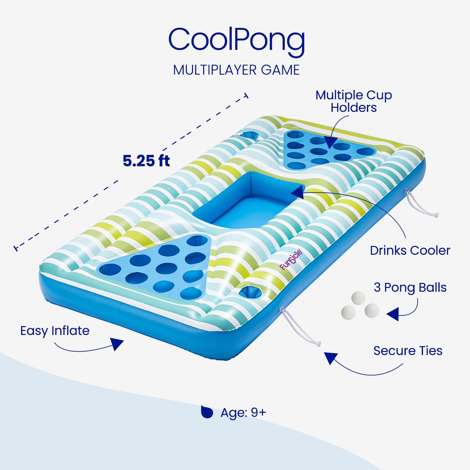 Inflatable pool table with features labeled, including 'CoolPong' brand name.