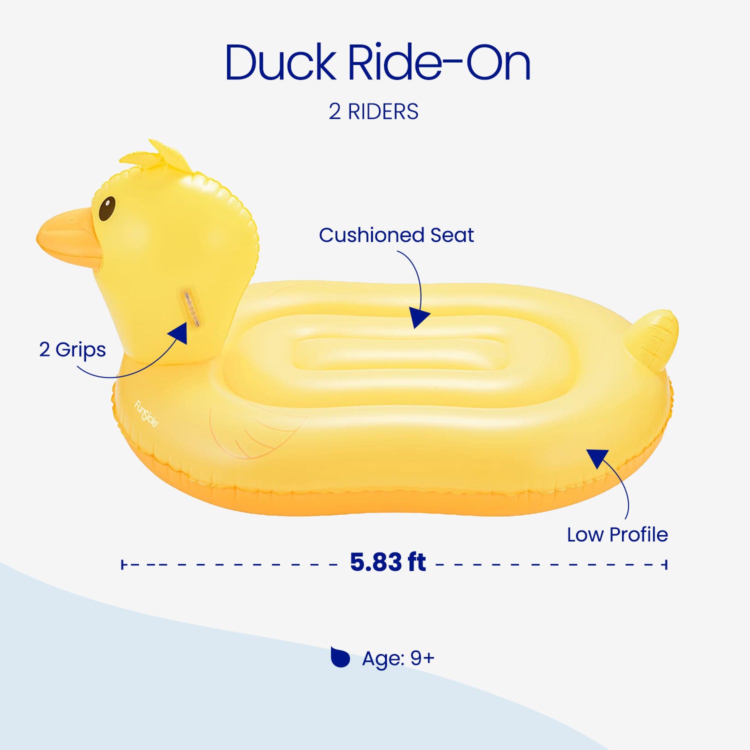 Inflatable duck ride-on with features labeled on a white background