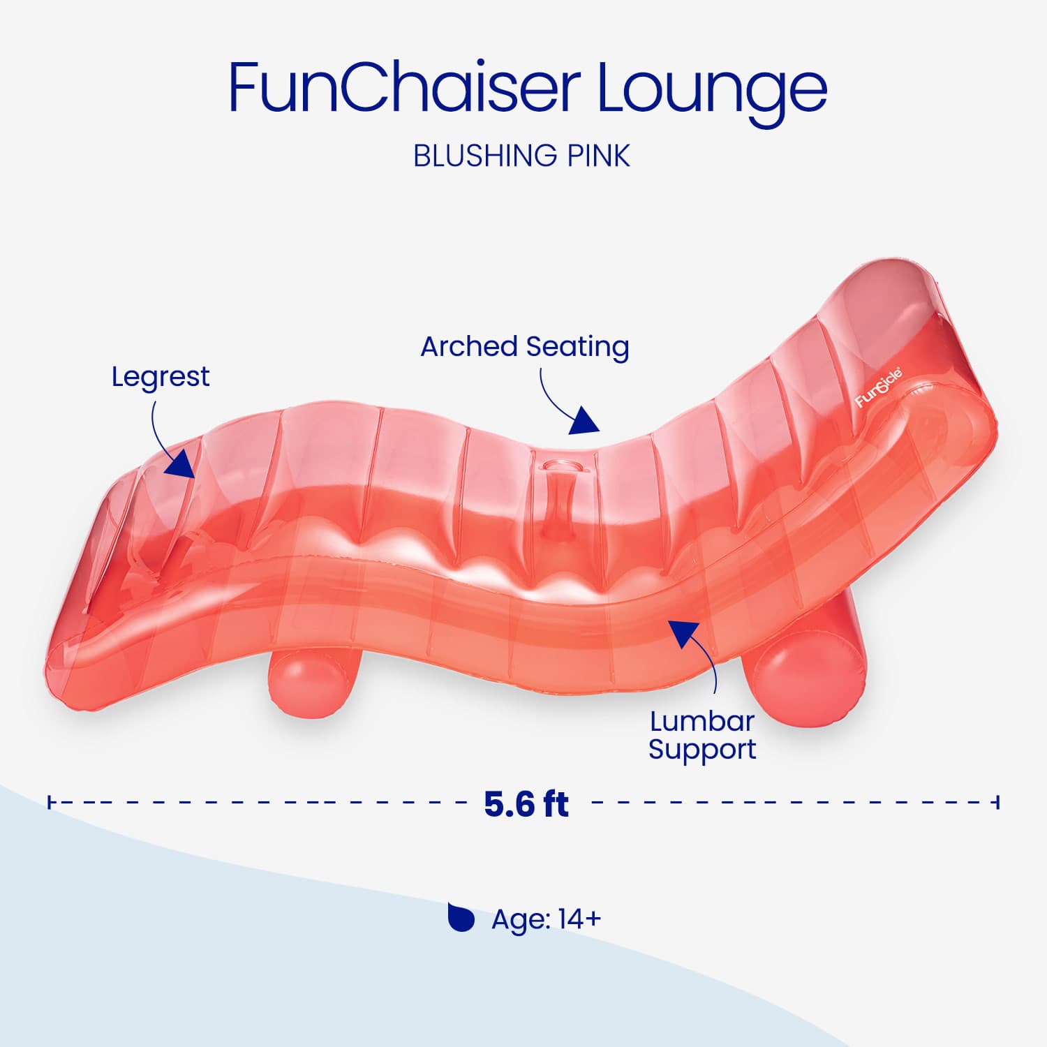 Inflatable lounge chair labeled 'FunChaiser Lounge' in blushing pink with features highlighted on a white background.
