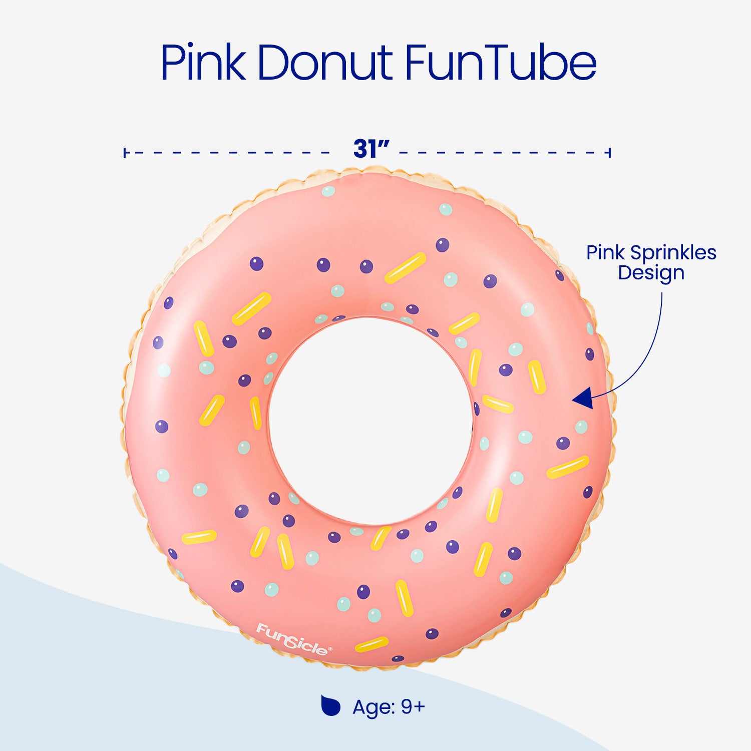 Pink donut-shaped inflatable pool tube with sprinkles on a white background