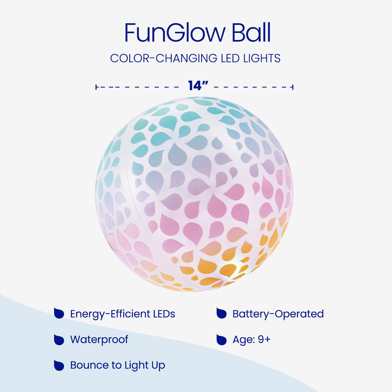 Color-changing LED lights ball with text detailing features on a white background