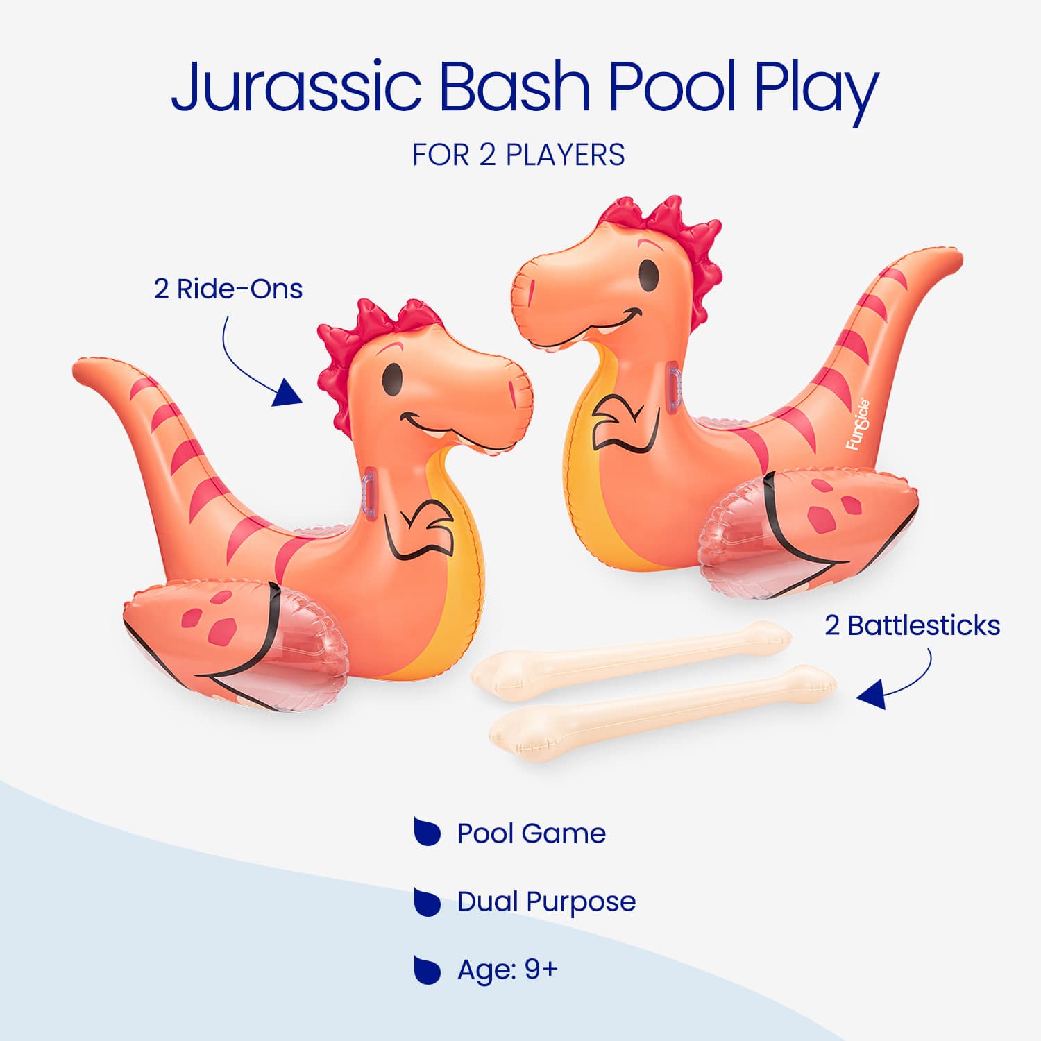 Two inflatable dinosaur pool toys with accessories on a white background, labeled 'Jurassic Bash Pool Play'.