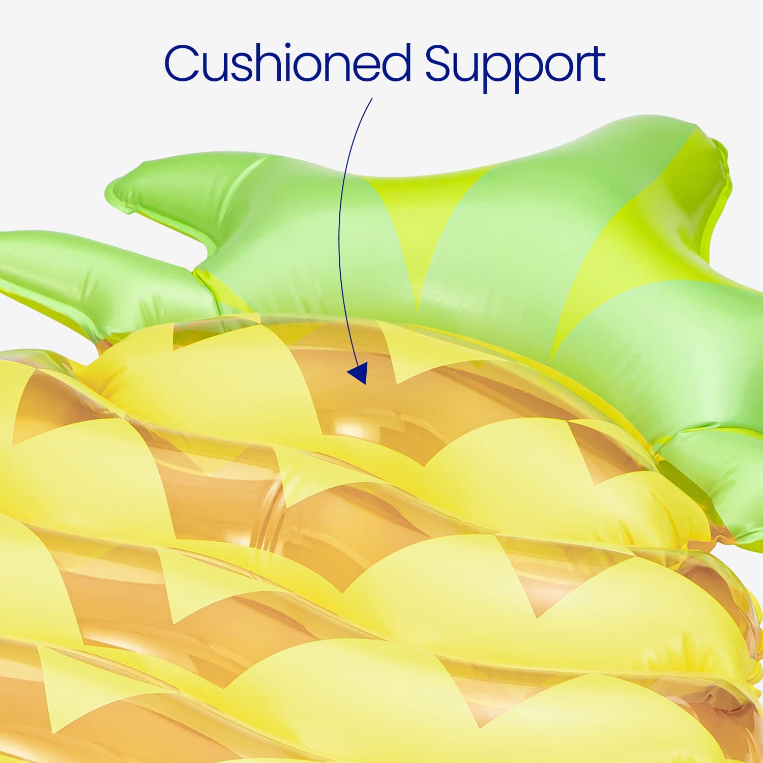 Inflatable pineapple pool float with cushioned support text on a white background
