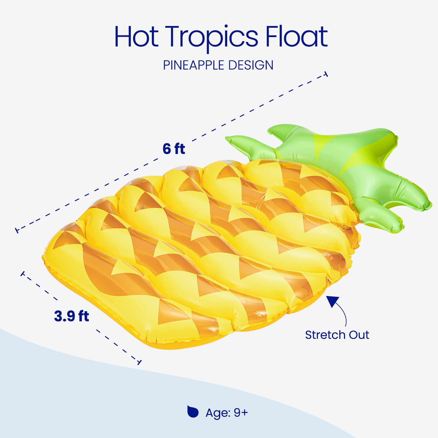 Inflatable pineapple pool float with dimensions and design details on a white background