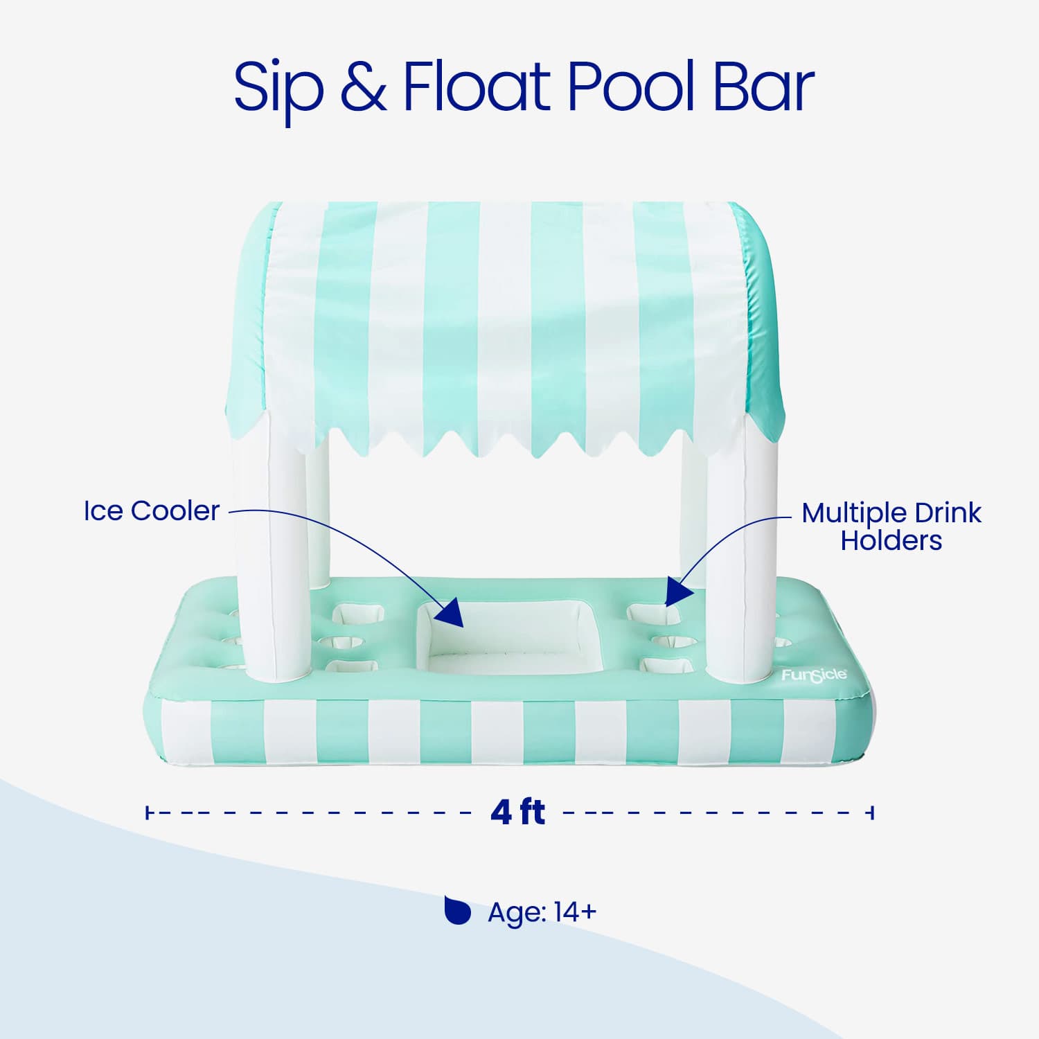 Inflatable pool bar with ice cooler and drink holders, labeled 'Sip &amp; Float Pool Bar'.