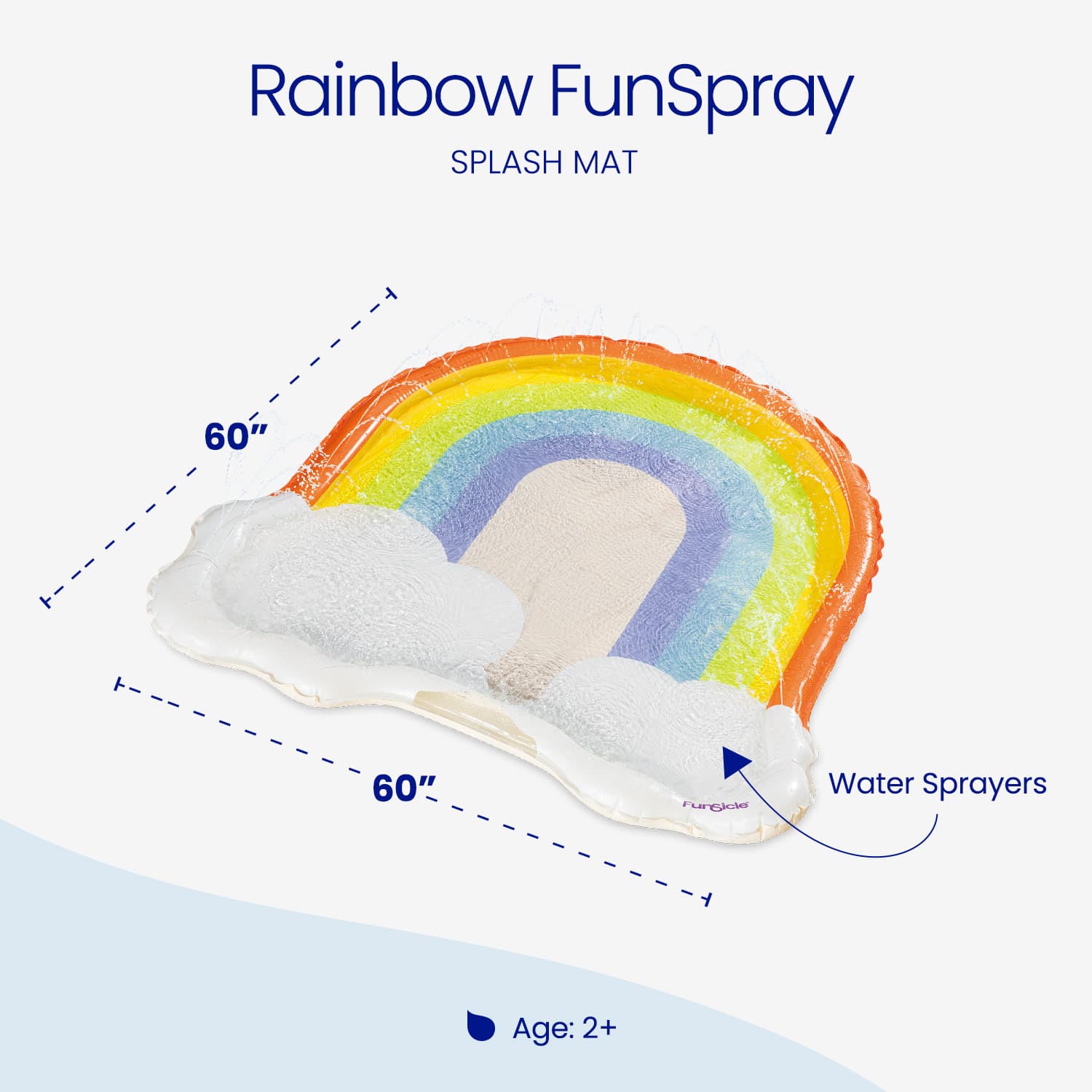 Rainbow-shaped splash mat with water sprayers and dimensions on a white background