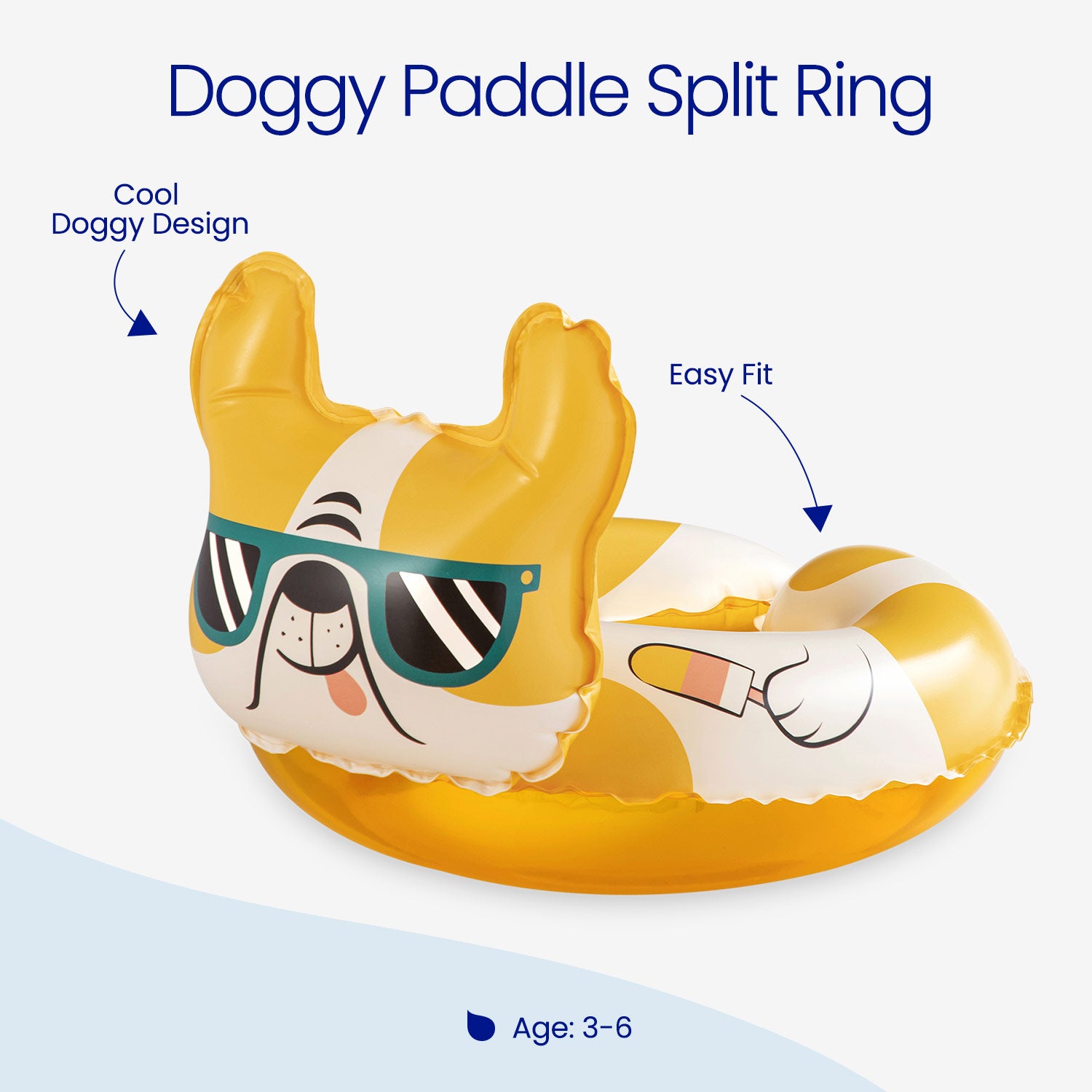 Doggy-themed inflatable ring with sunglasses on a white background