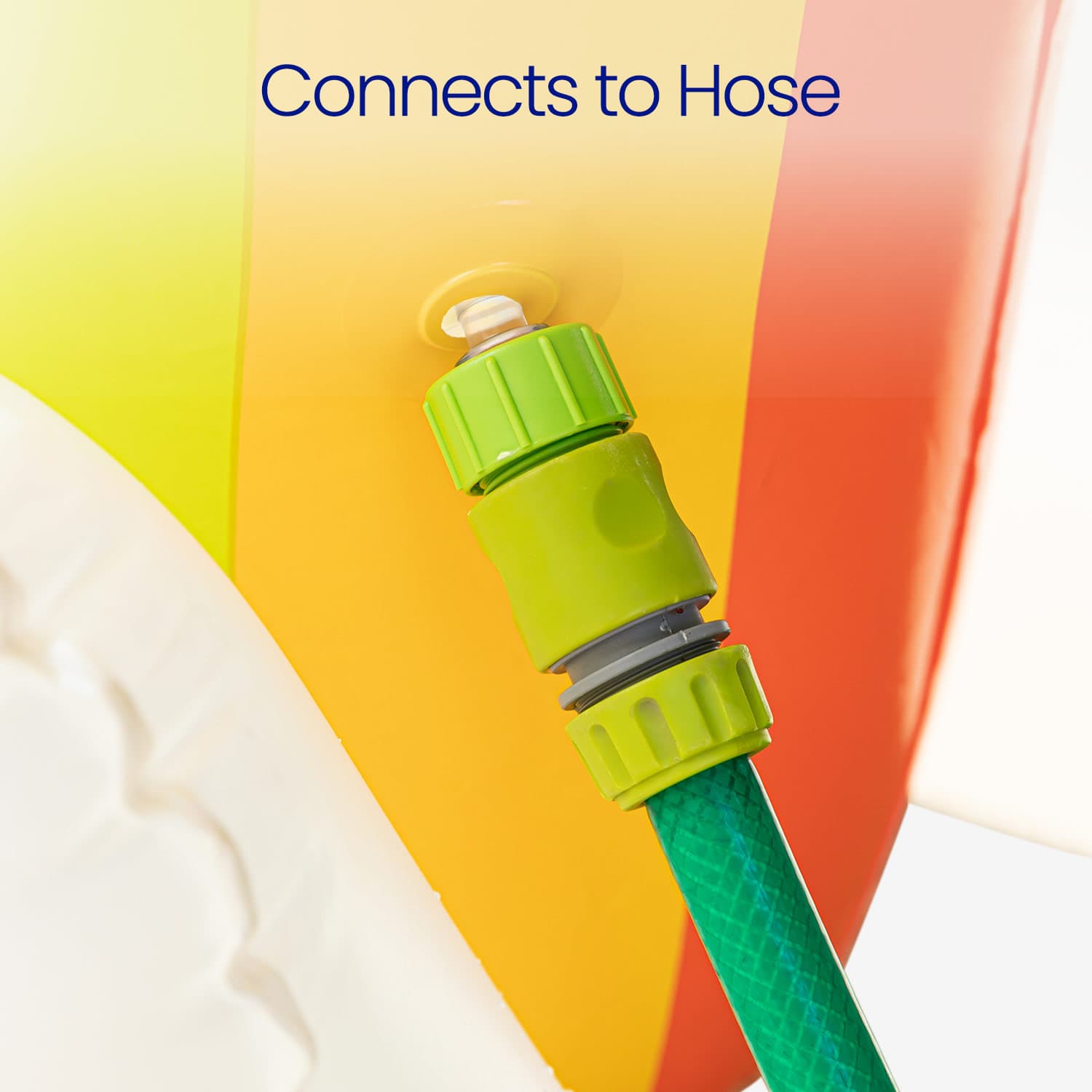 Green garden hose connector on a colorful background with text 'Connects to Hose'.