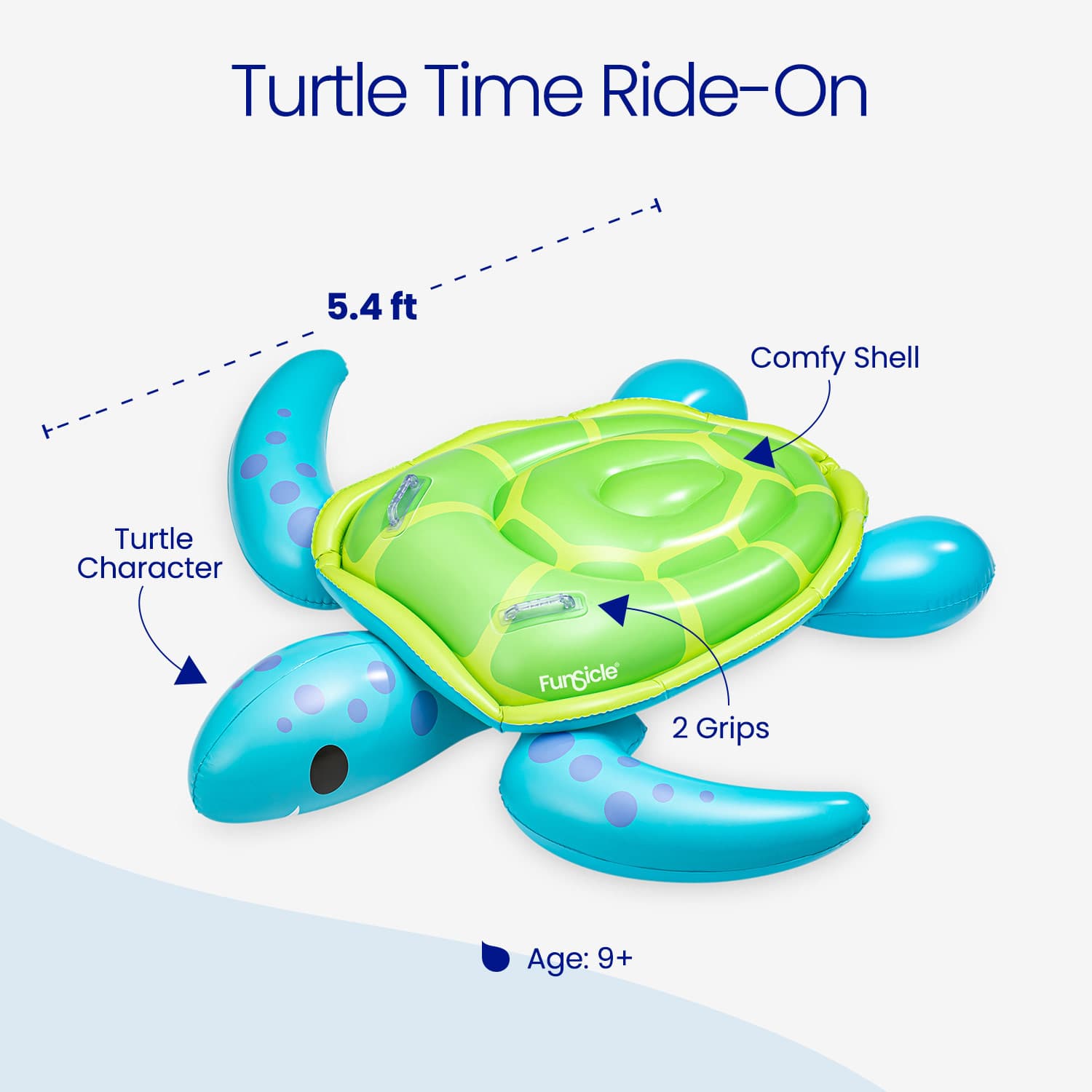 Inflatable turtle ride-on toy with features labeled on a white background