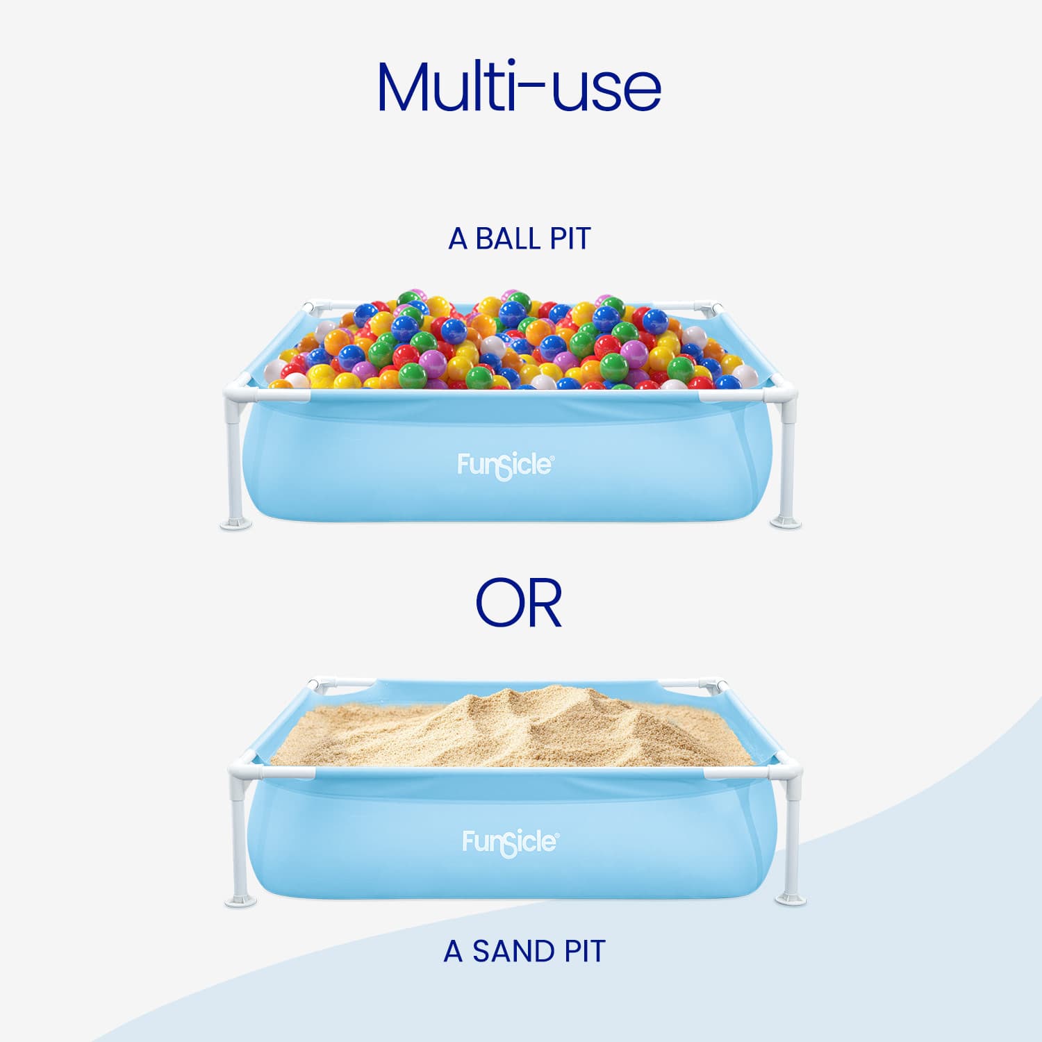 Funsicle multi-use pool with ball pit and sand pit options on a white background