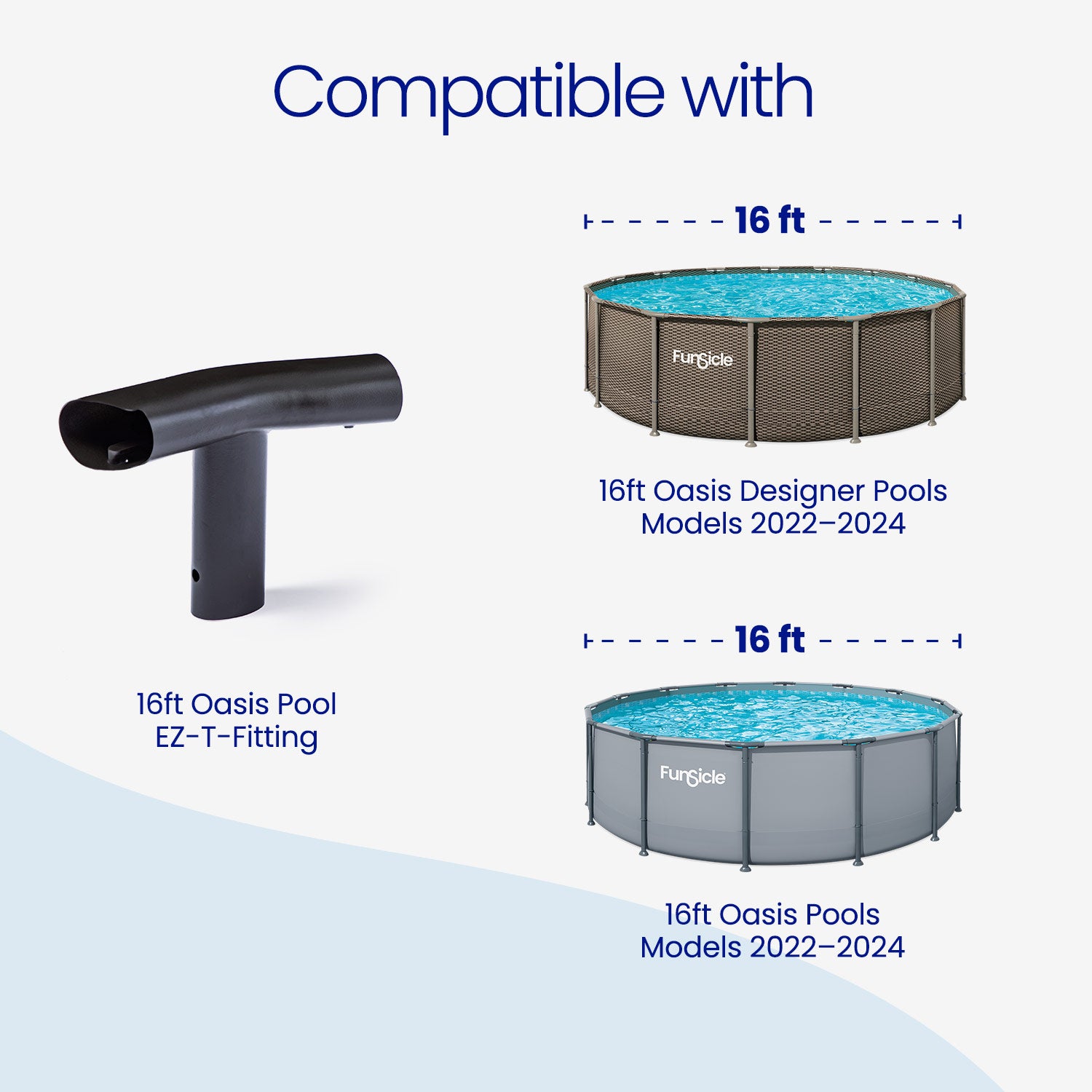 Funsicle pool cleaning system compatibility with 16ft Oasis Designer Pools on a white background