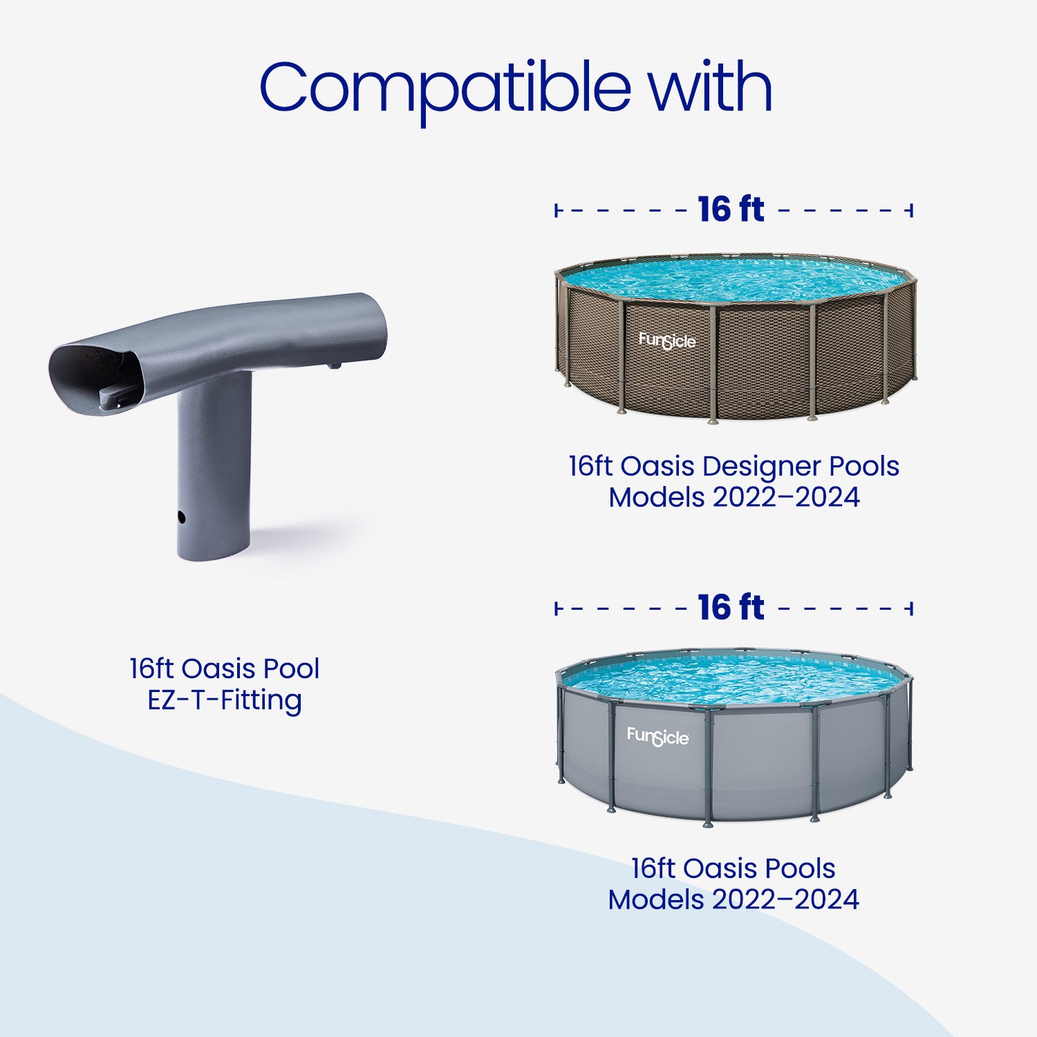 Funsicle pool cleaning system compatibility with 16ft Oasis Designer Pools on a white background