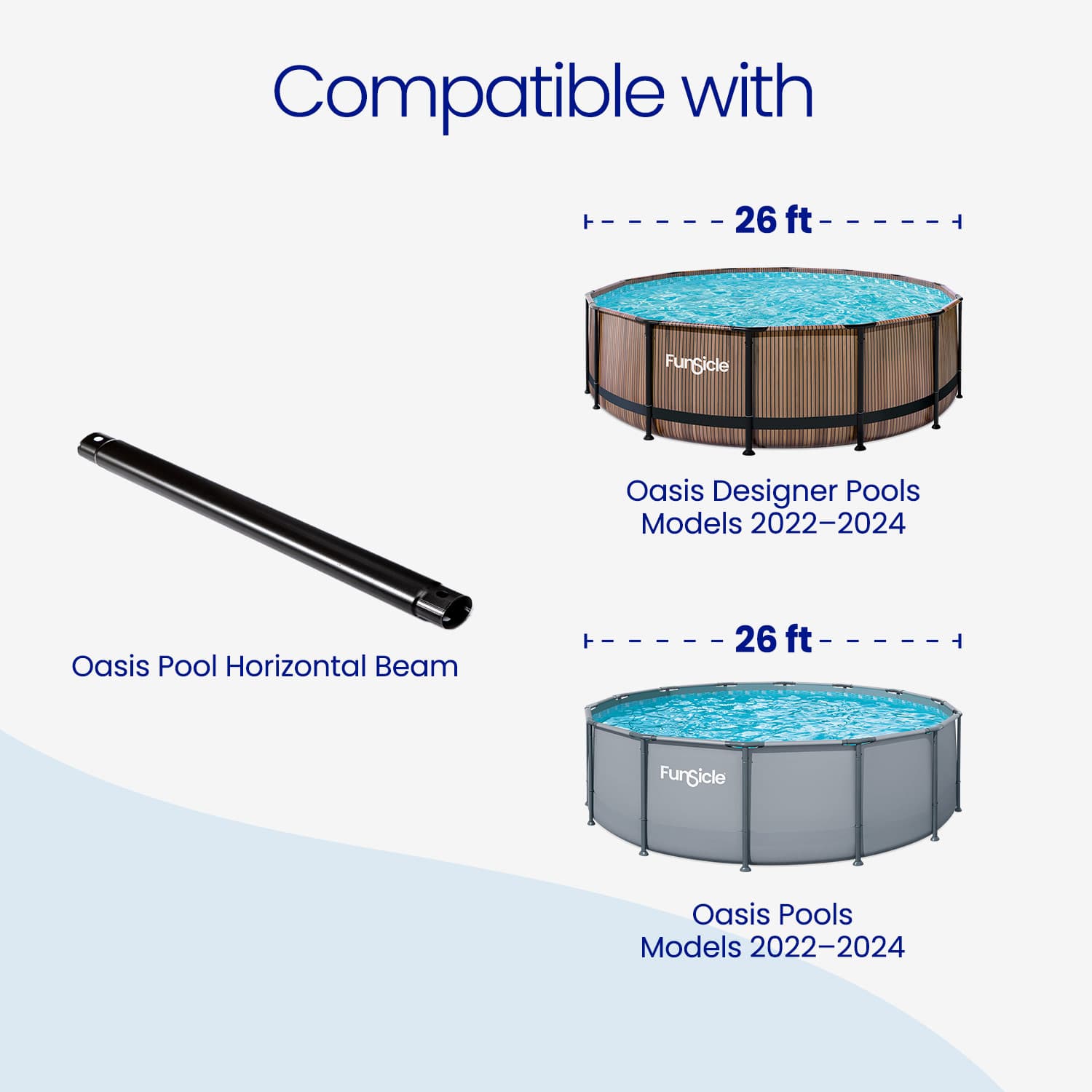 Two pool models with a compatibility text overlay on a white background