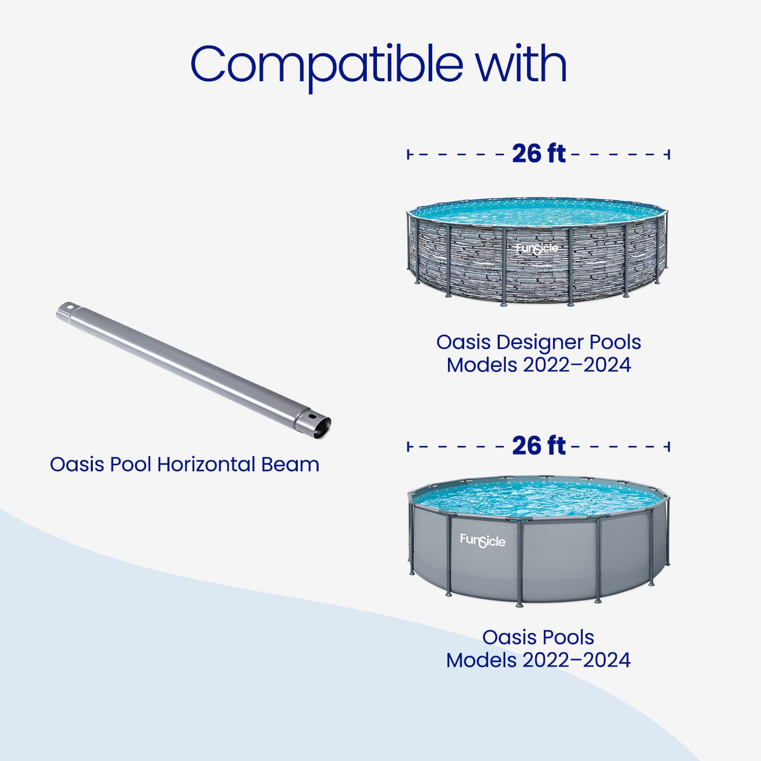 Two pool models with a horizontal beam, labeled compatible with Oasis Designer Pools and Oasis Pools from 2022 to 2024.