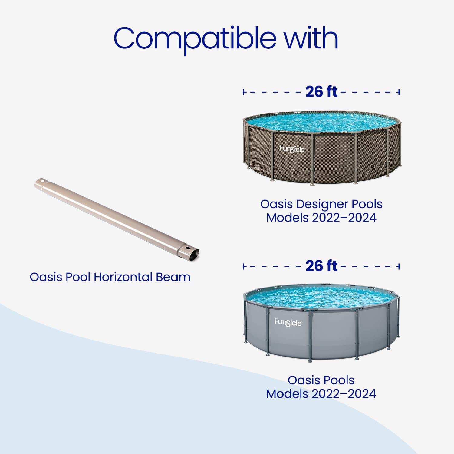Pool setup with horizontal beam and pool models compatibility on a white background