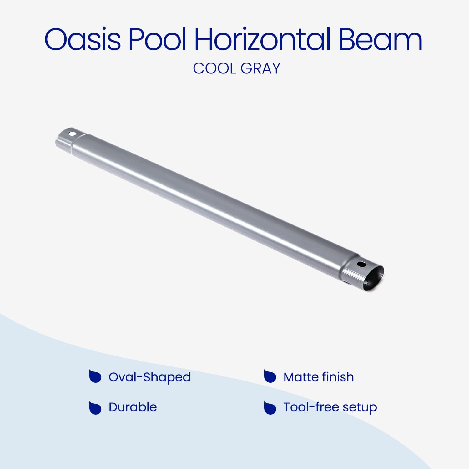 Oasis Pool Horizontal Beam in cool gray on a white background with product features listed.