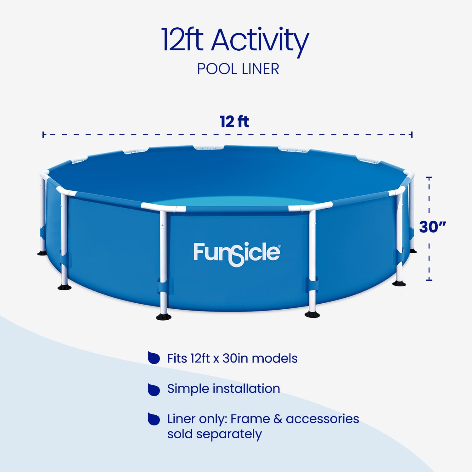 Funsicle pool liner dimensions and features on a white background