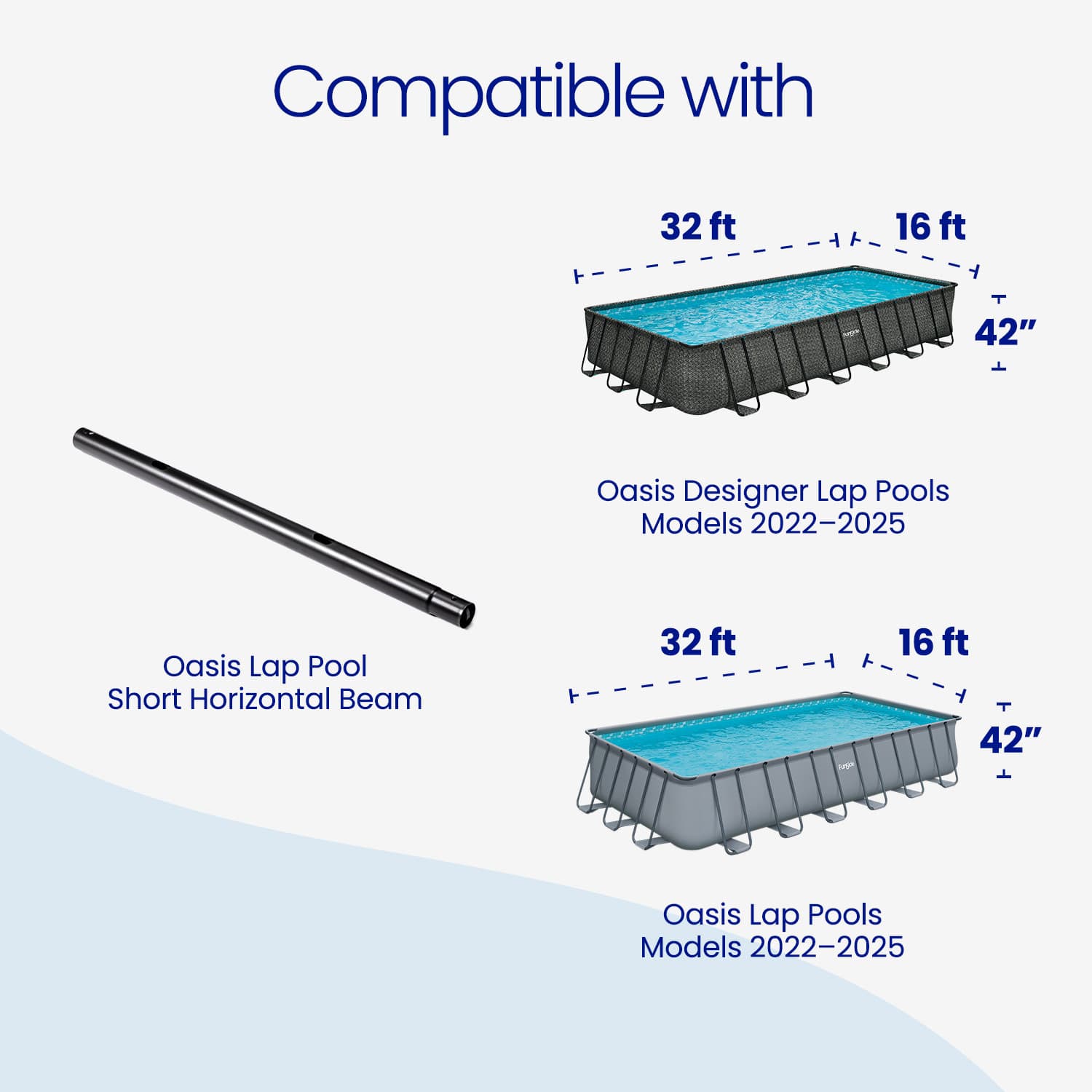 Diagram showing compatibility of pool components with Oasis Lap Pool models 2022-2025.