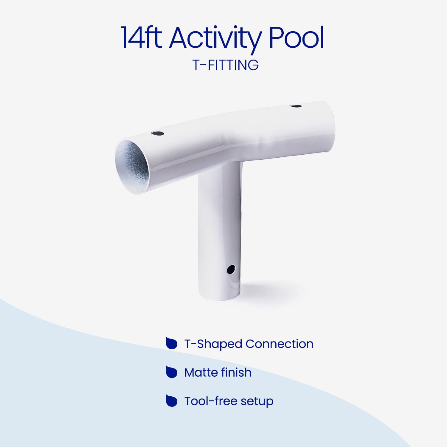 White T-fitting for a 14ft activity pool on a light blue background