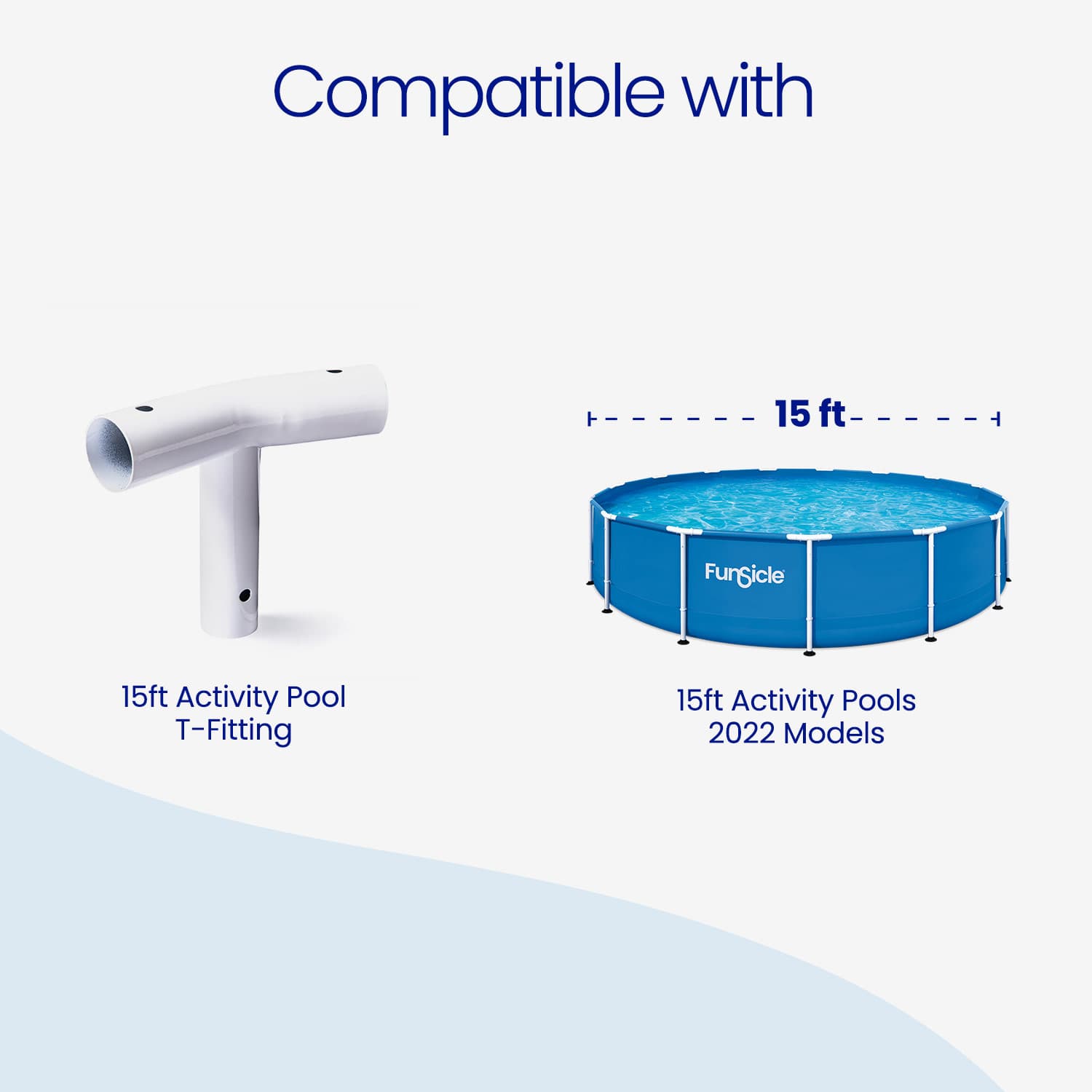 Funsicle pool with 15ft activity pool T-fitting and pool dimensions on a white background