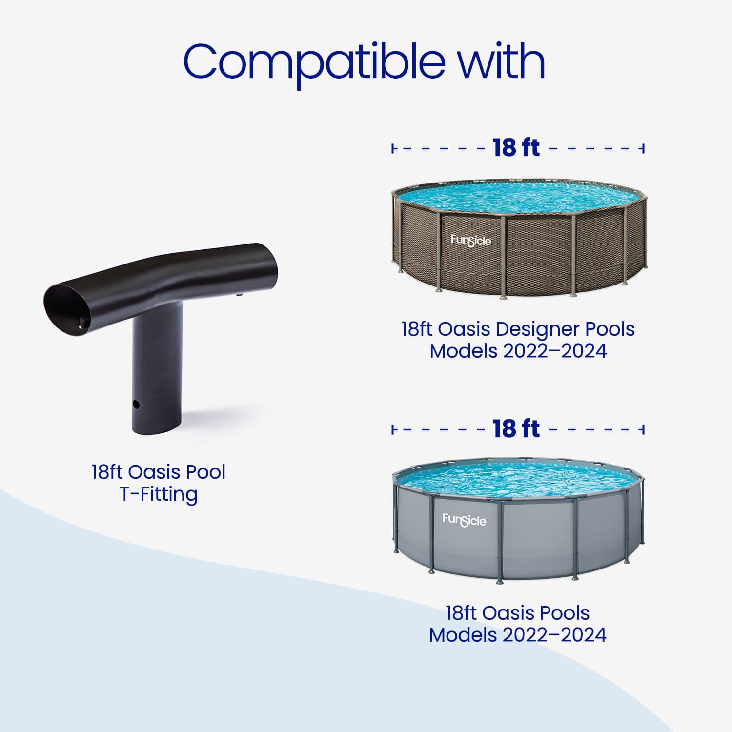 Funsicle pool components including a T-fitting and two pool models on a white background.