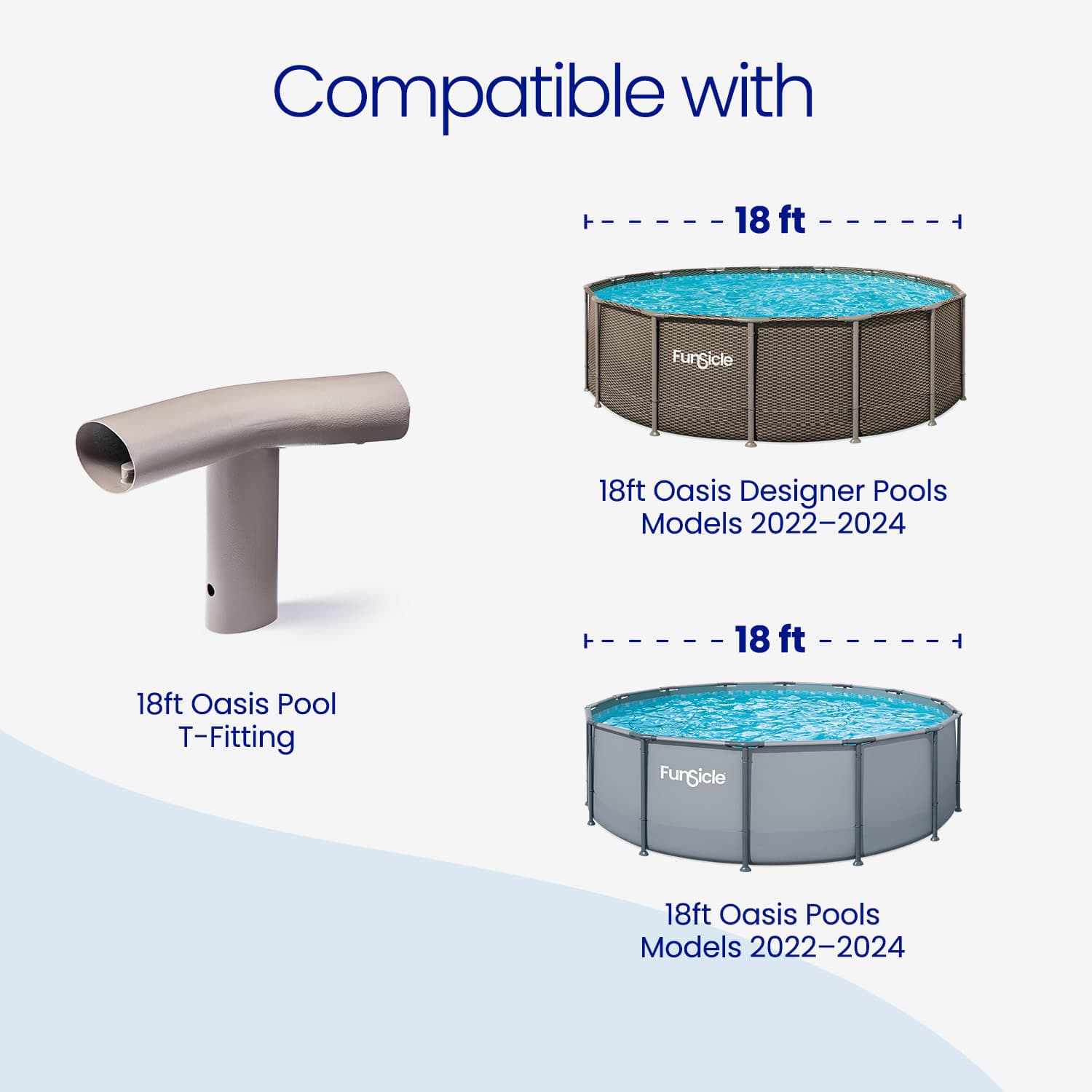 Funsicle pool components with text indicating compatibility with 18ft Oasis Designer Pools.