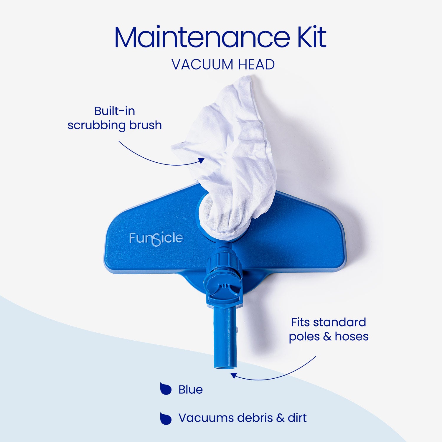 Blue vacuum head with scrubbing brush and white cloth, labeled 'Funsicle', on a light blue background.
