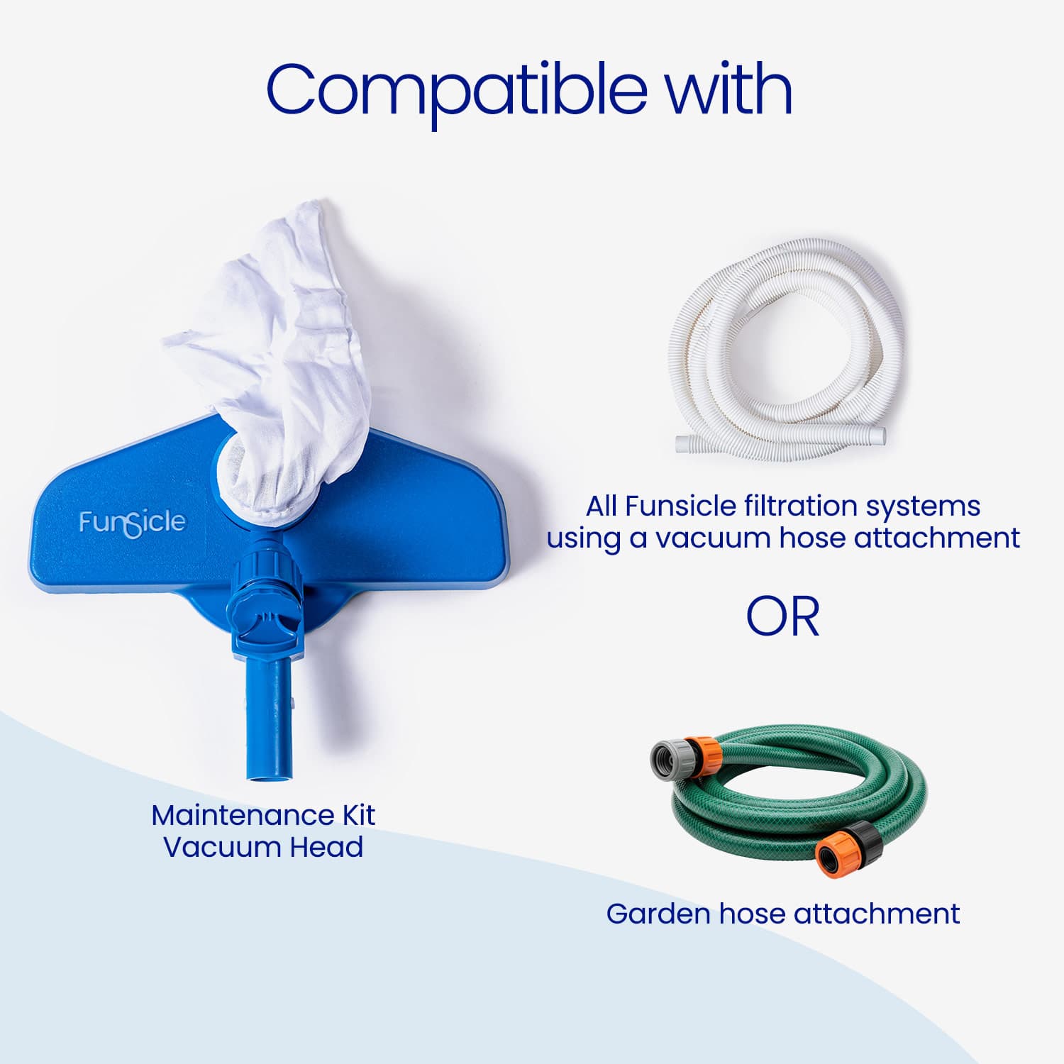 Funsicle maintenance kit vacuum head and garden hose attachment on a white background