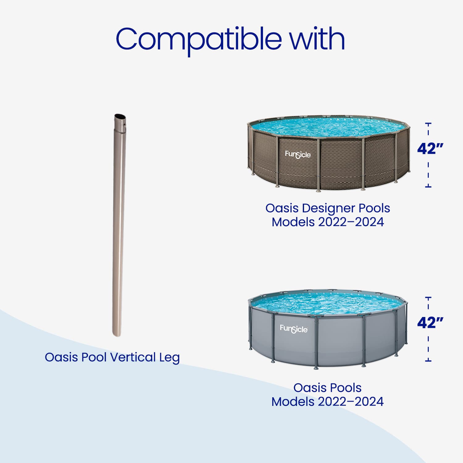 Funsicle pool with Oasis Designer Pools and Vertical Leg compatibility text on a white background