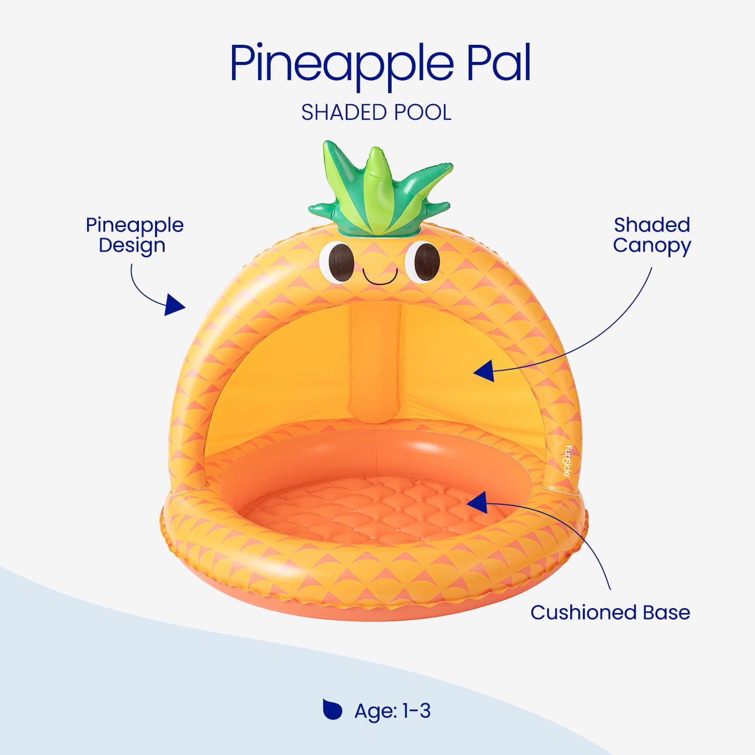 Inflatable pool with pineapple design and shaded canopy on a white background