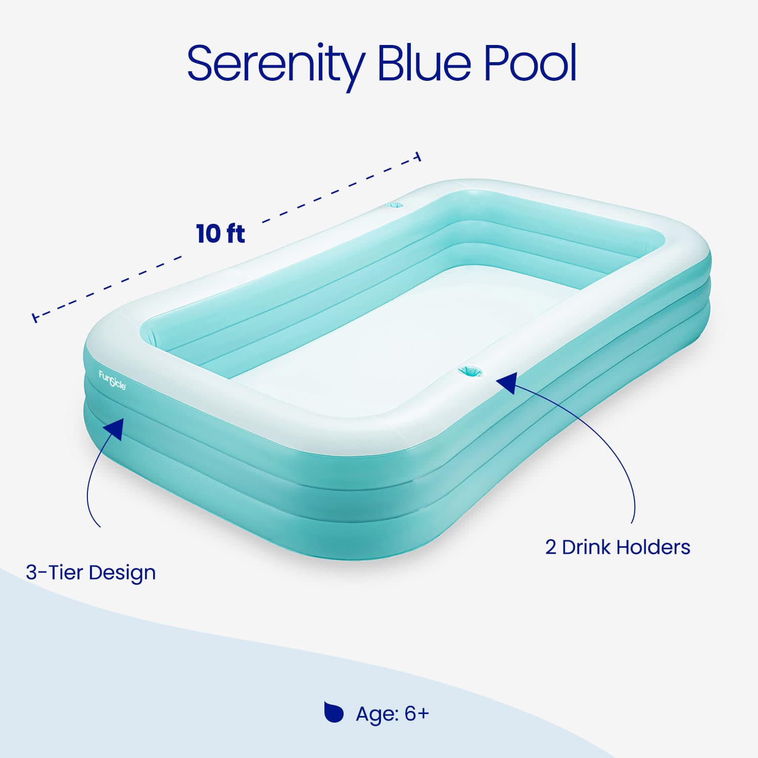 Inflatable pool with features highlighted on a white background