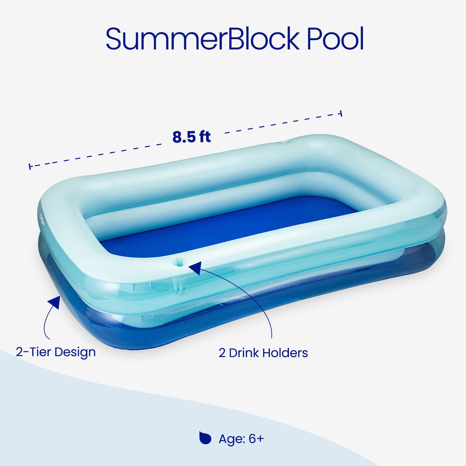 Inflatable pool with dimensions and features labeled on a white background