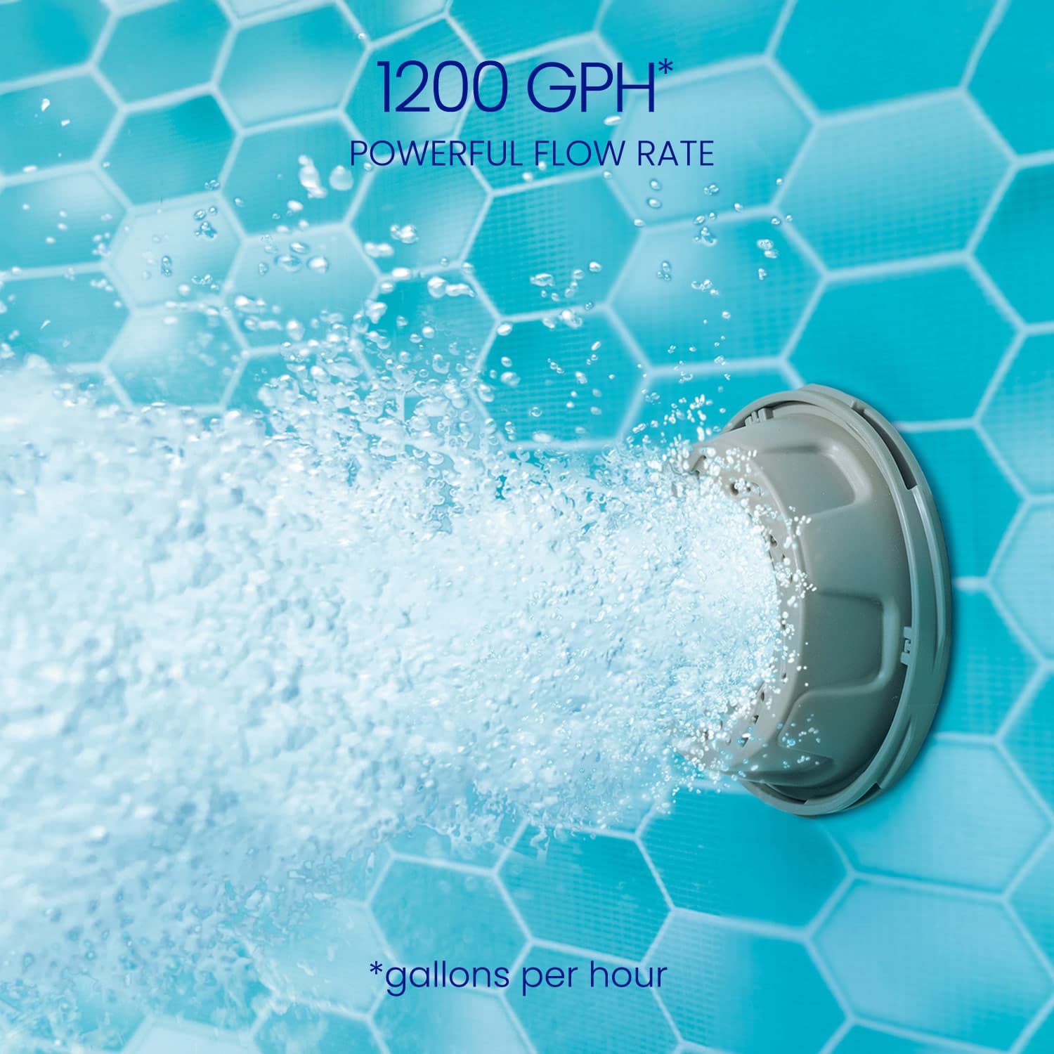 Pool filter with 1200 GPH flow rate on a blue tiled background